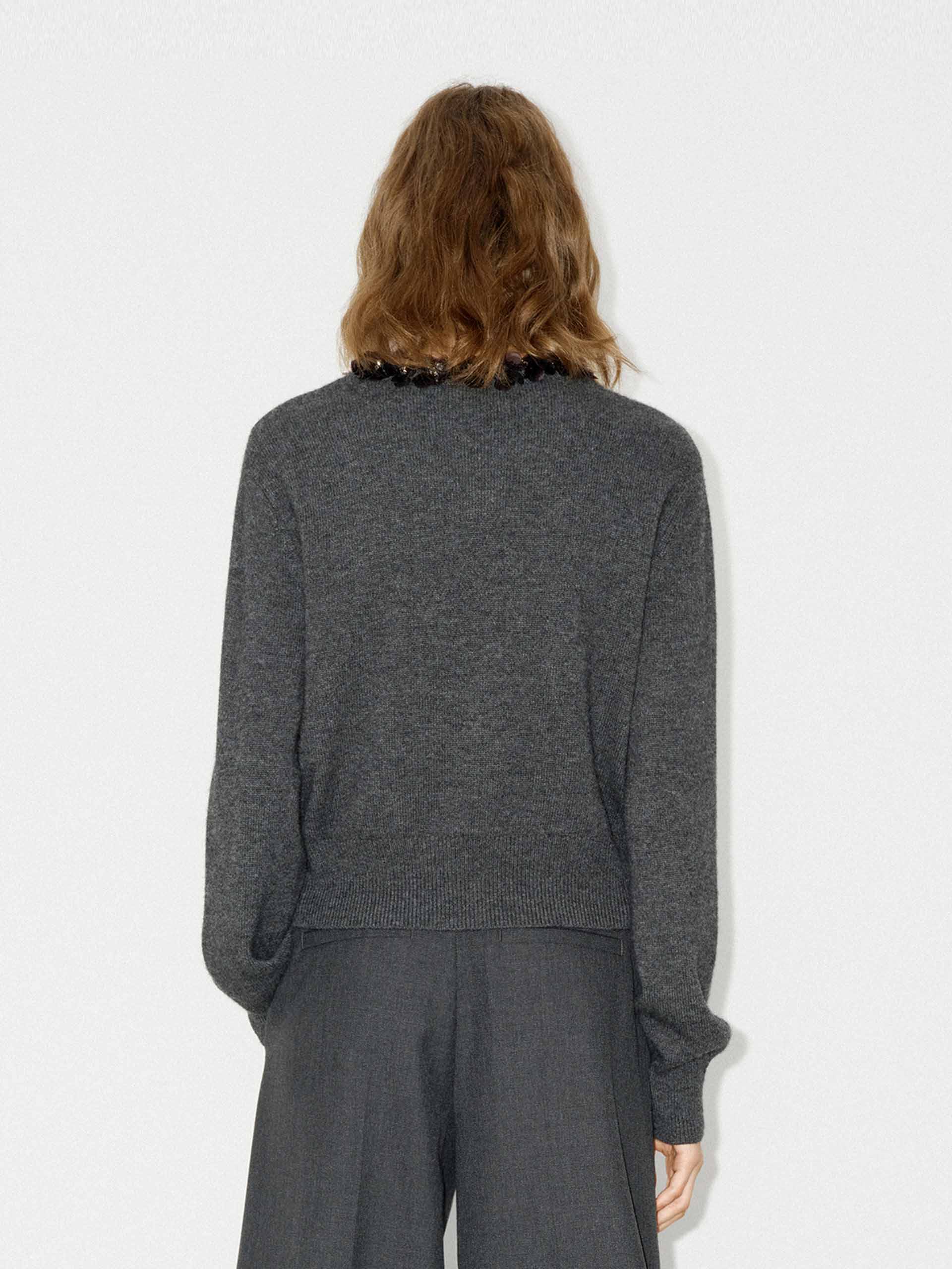 MO&Co. Women's Wool and Cashmere Blend Sequins Detail Close Fit Cardigan in Grey