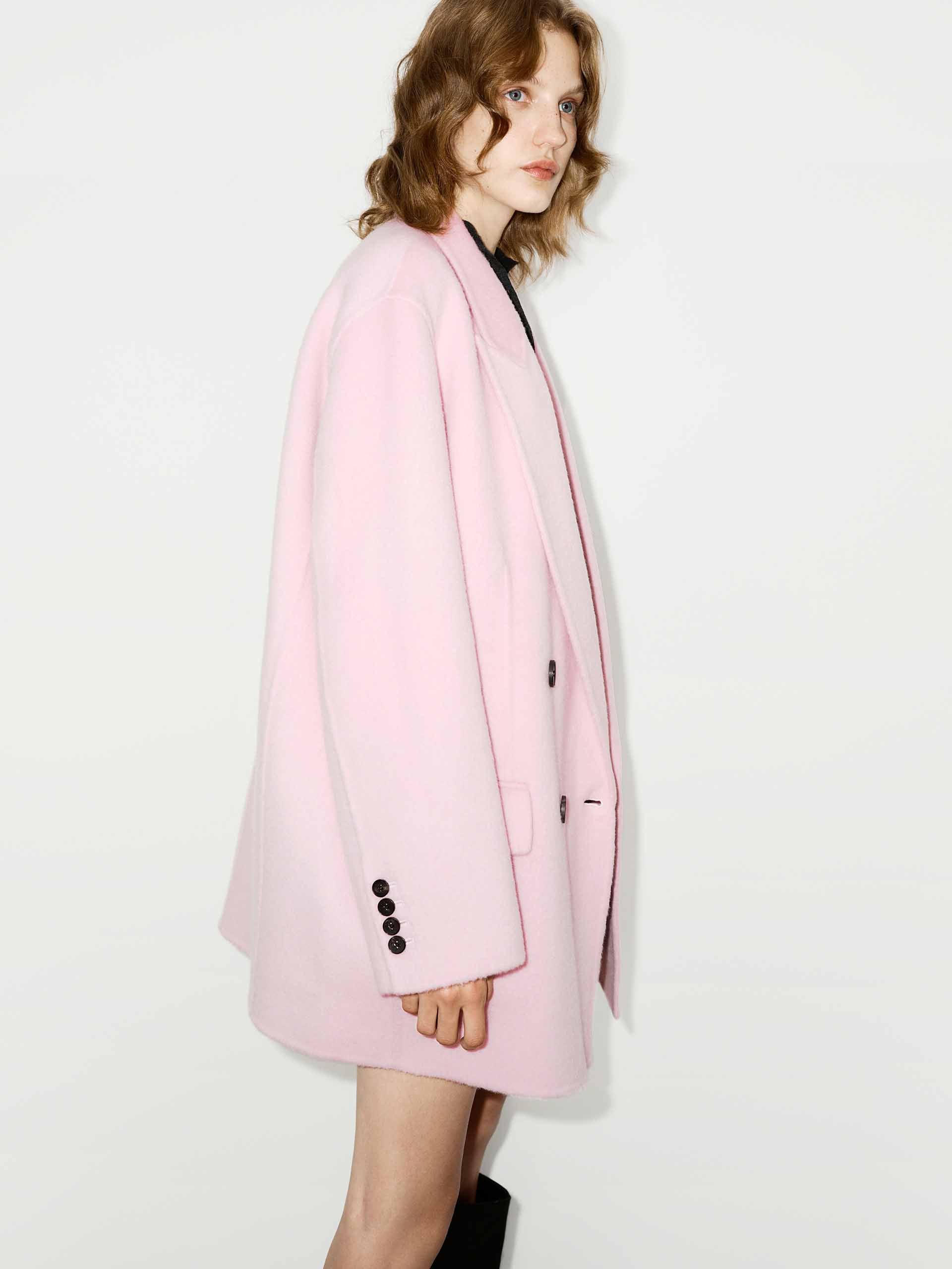 MO&Co. Women's Tailored Double Breasted Peak Lapel Wool Blend Midi Coat in Baby Pink