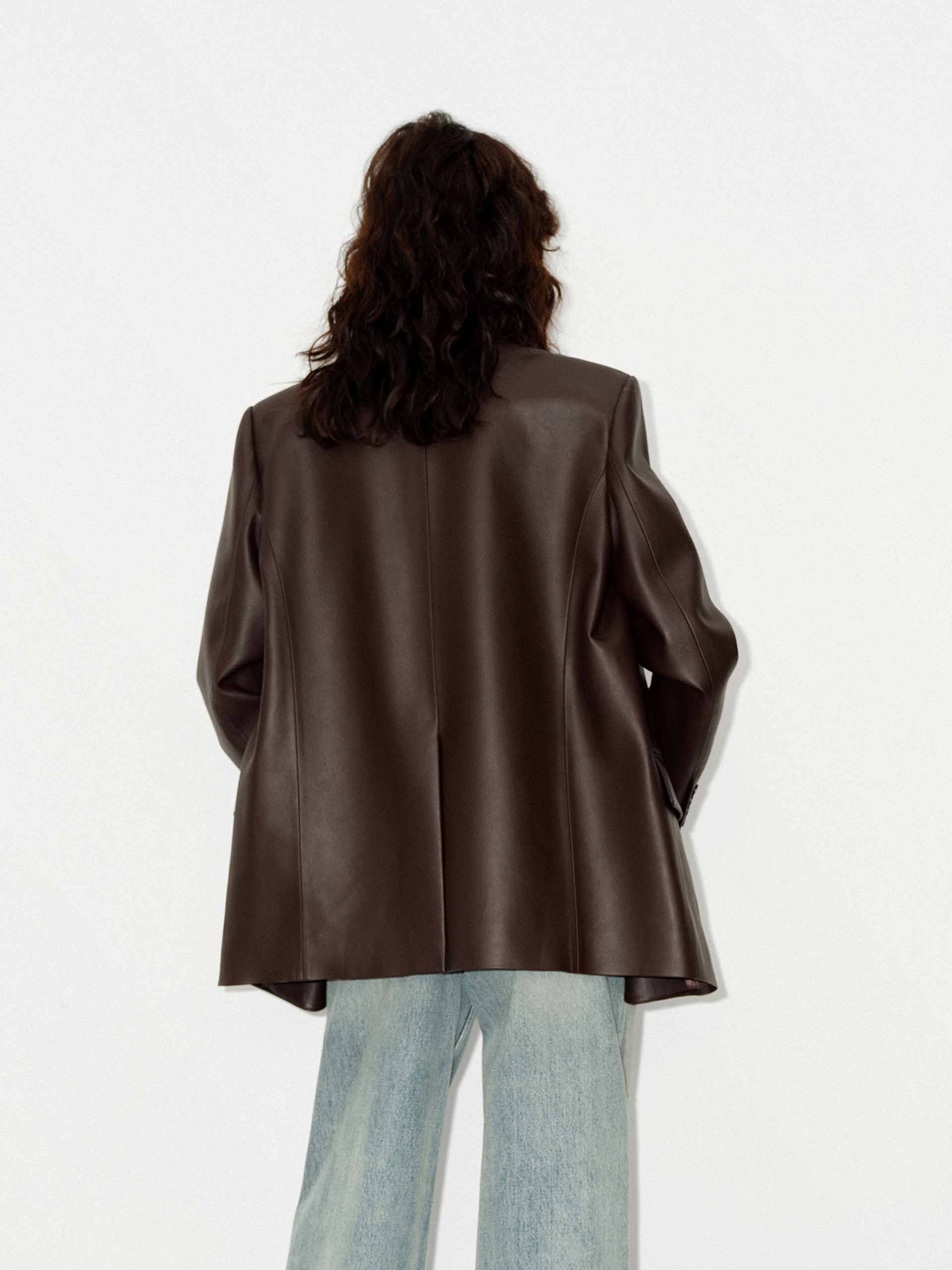 MO&Co. Women's Oversized Faux Leather Blazer with shoulder paddings in Brown
