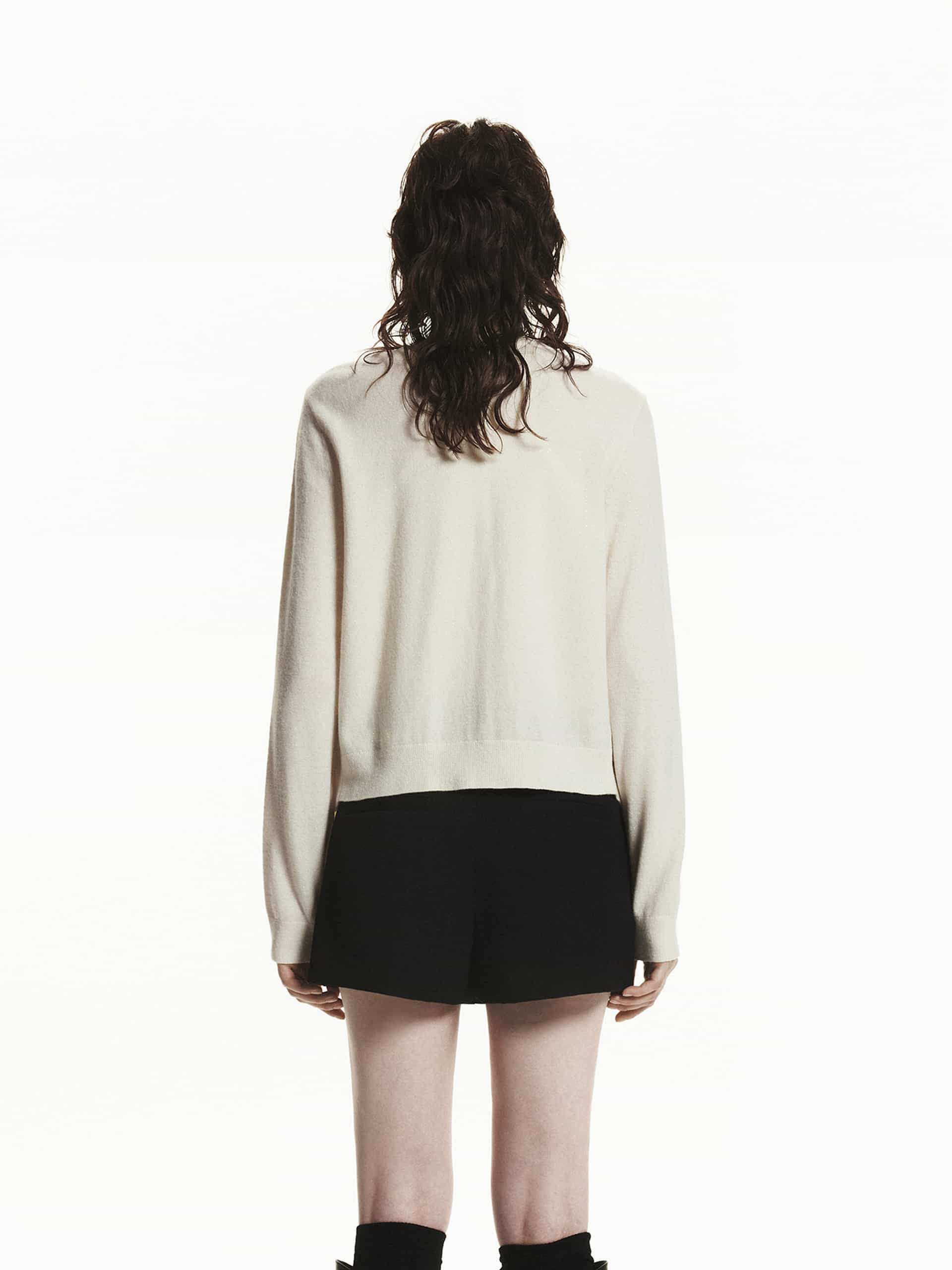 MO&Co. Women's Long Sleeve Pure Merino Wool Fitted Knit Cardigan in Beige with Rhinestone embellishment