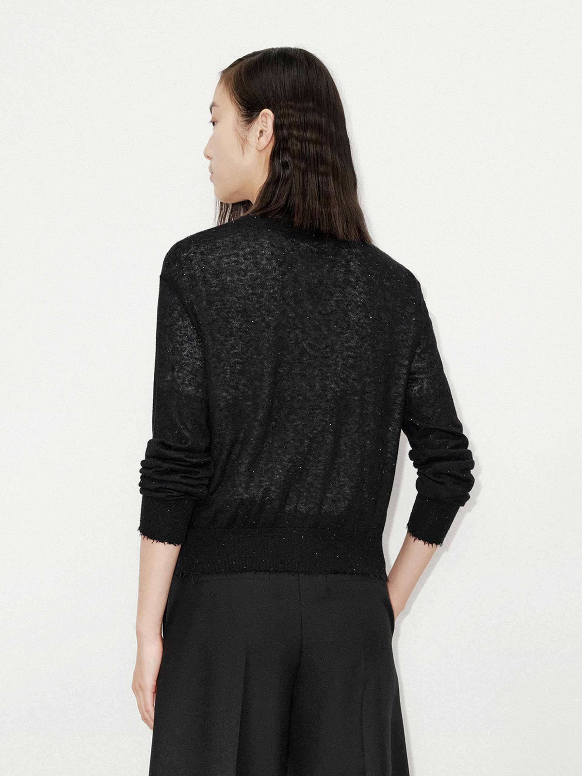 MO&Co. Women's Raw Trim Detail Alpaca fleece and Wool Blend Knit Cardigan in Black with Rhinestone Details