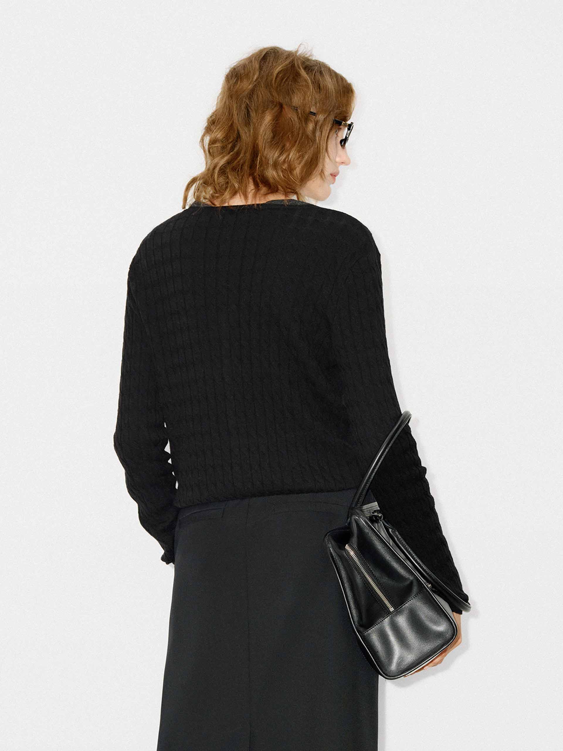 MO&Co. Women's Button Closure 100% Wool Cable Knit Fall Cardigan in Black