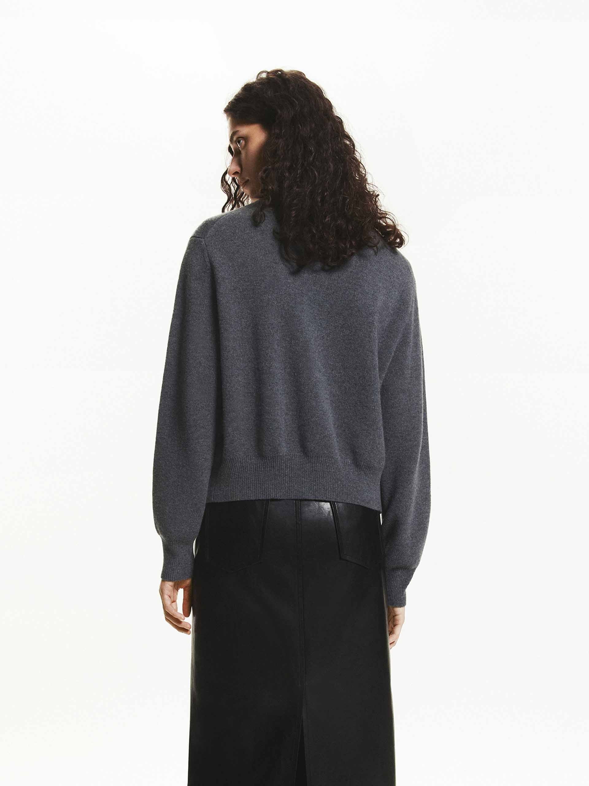 MO&Co. Women's Wool Cashmere Cardigan in Grey with Contrast Shirt Collar