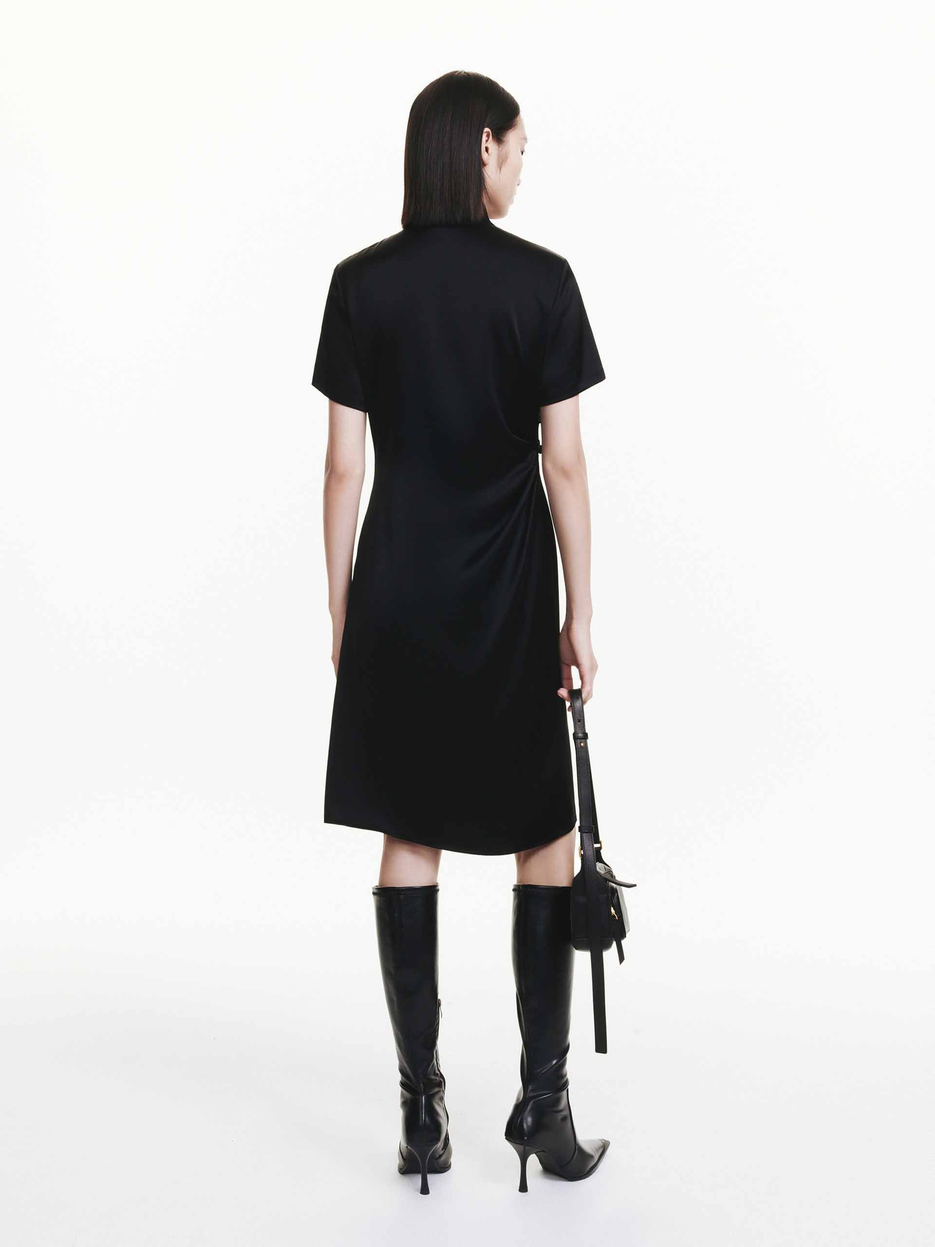 MO&Co. Women's Side Pleated Satin Neo-Chinese Style Mini Dress in Black