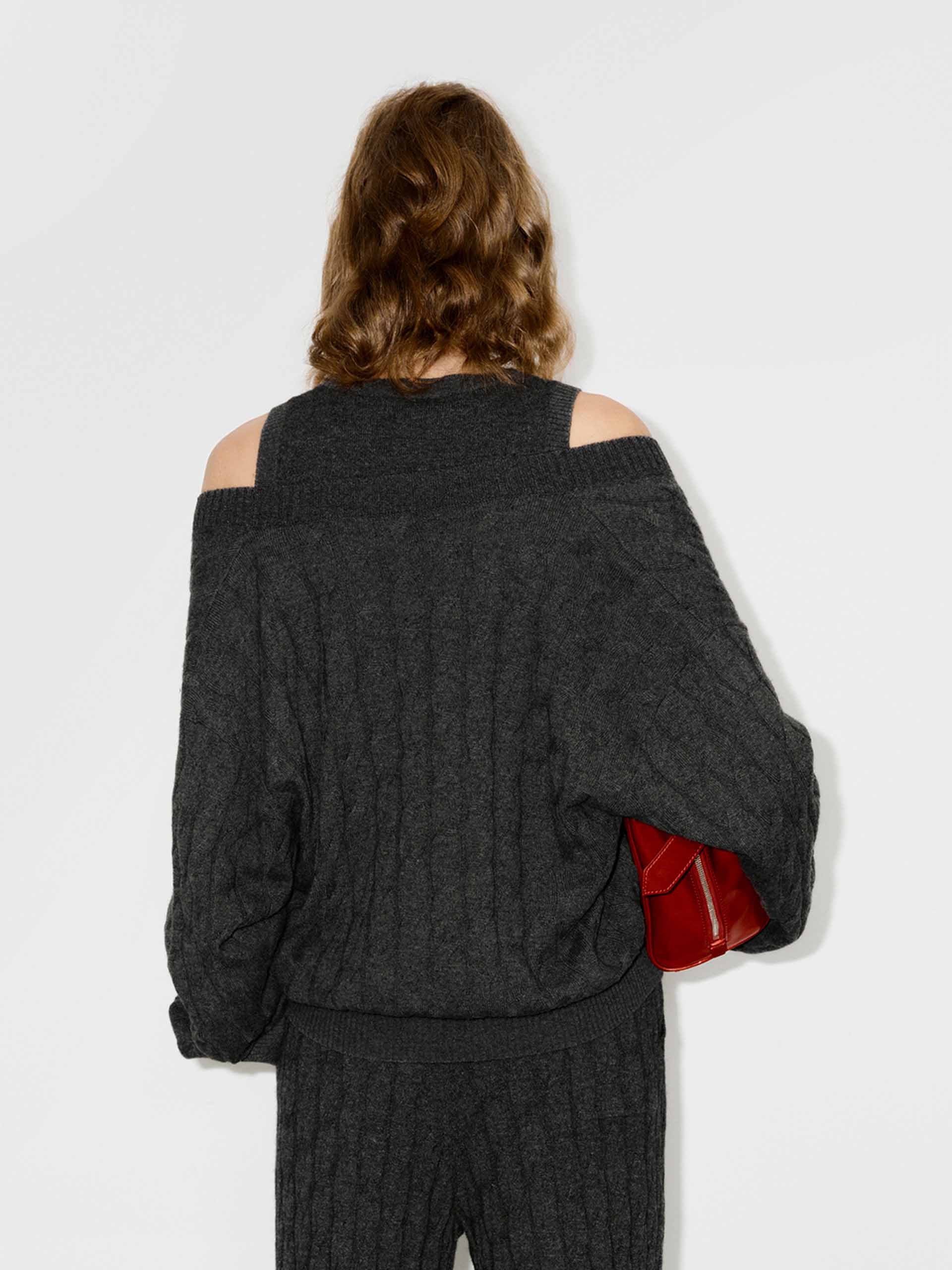 MO&Co. Women's Wool and Cashmere Cable Knitted Cardigan and Tank Top Set in Dark Grey