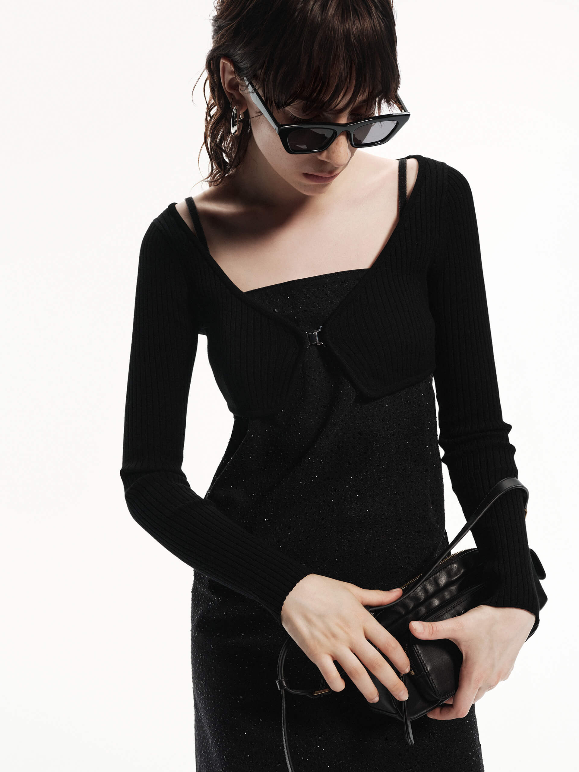 MO&Co. Women's Rhinestone Detail Mini Cami Denim Dress with Long Sleeves Cardigan