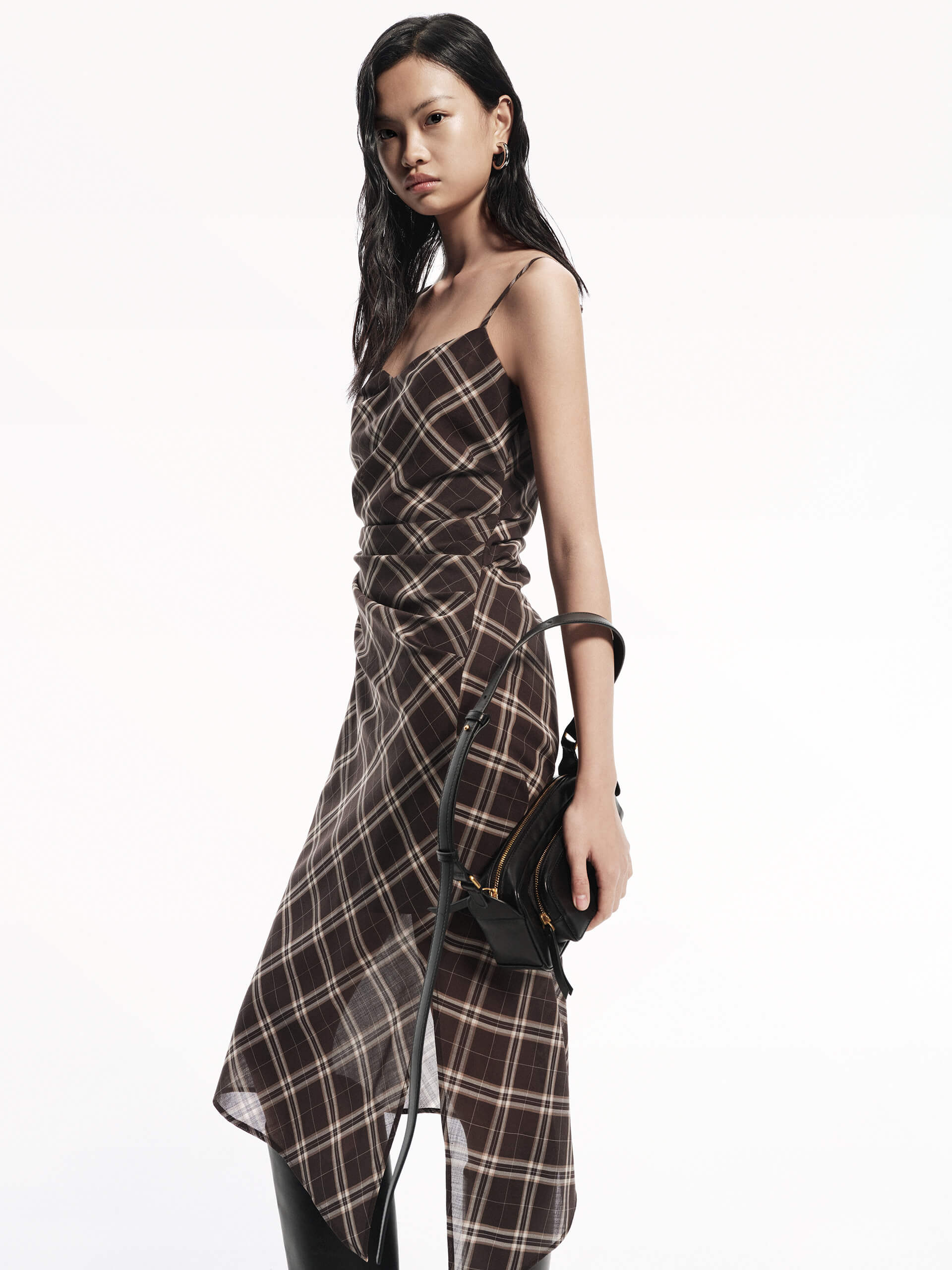 MO&Co. Women's Plaid Pattern Cami Dress Slit Detailed in Brown with Gathered Waist Details
