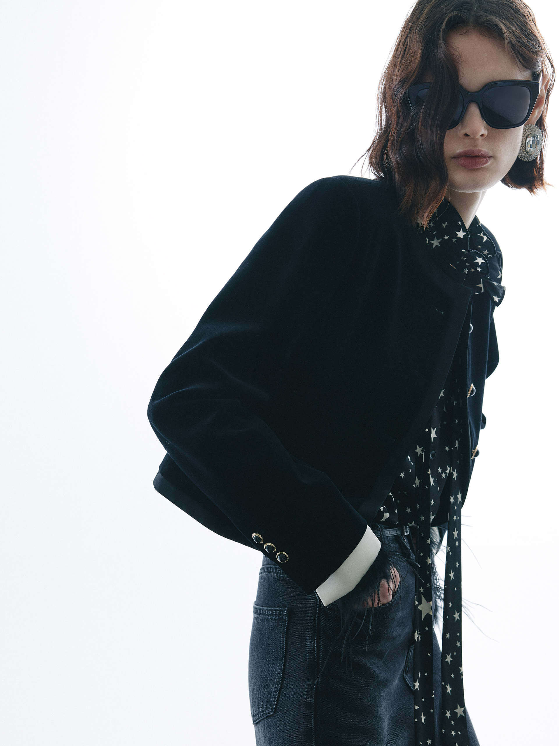 MO&Co. Women's Velvet Touch Boxy Slim Fit Cotton Jacket in Black