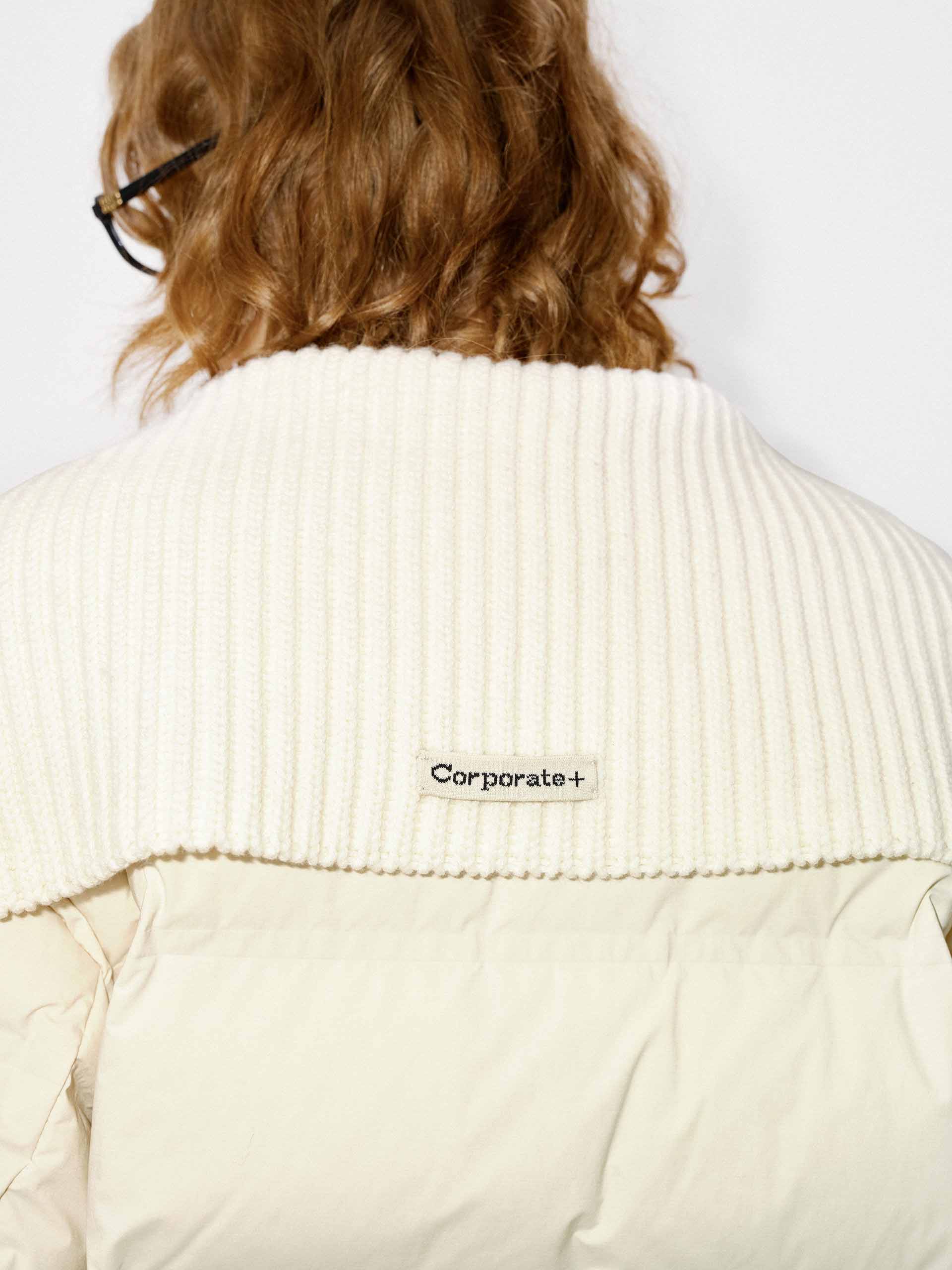 MO&Co. Women's Wool Ribbed Knit Collar Cropped Puff Down Jacket in Beige