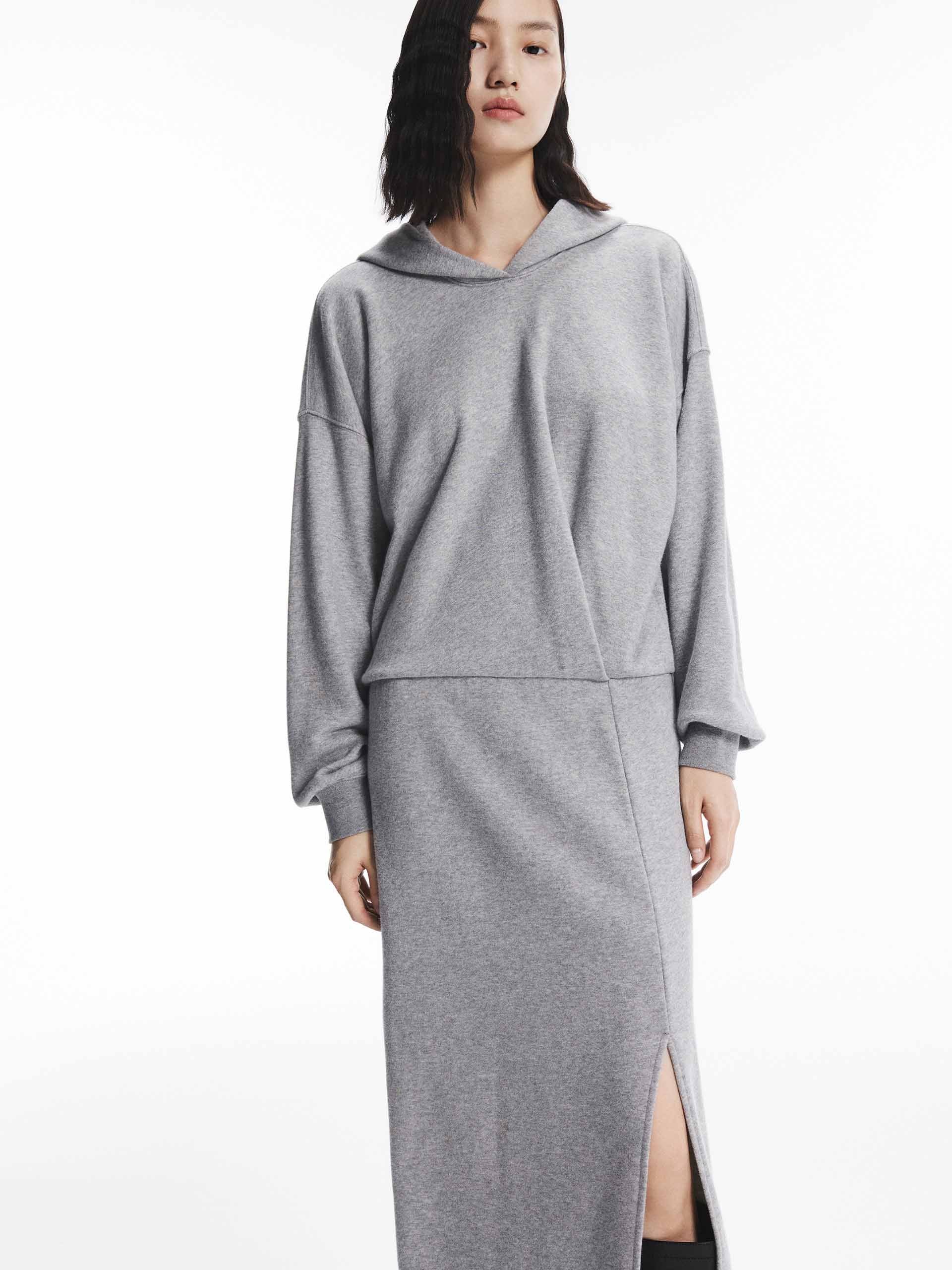 MO&Co. Women's Long Sleeves Slit Detail Hooded Midi Dress in Light Grey with Casual Weekend Style