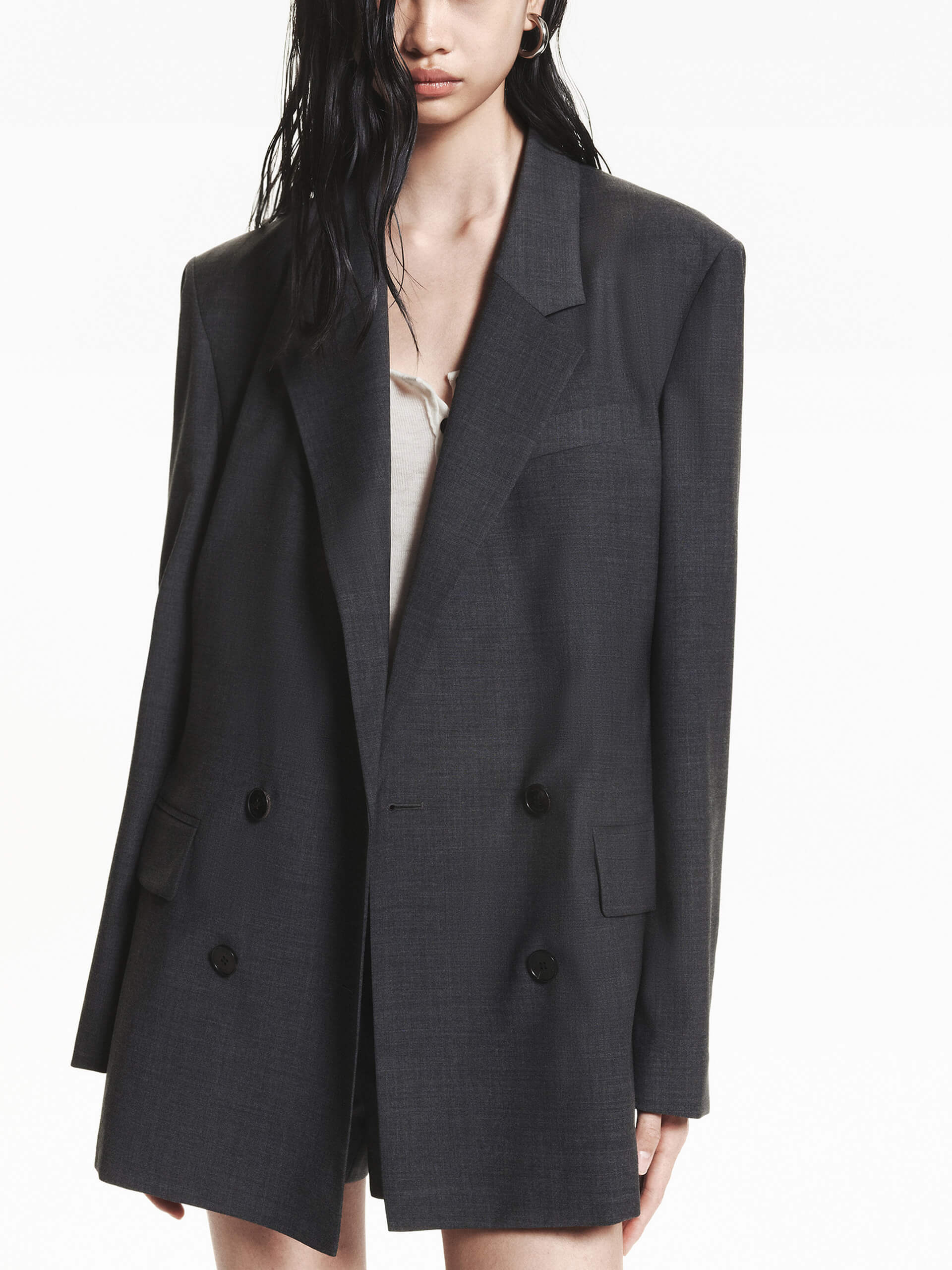 MO&Co. Women's Lightweight Wool Double Breasted Tailored Blazer in Grey
