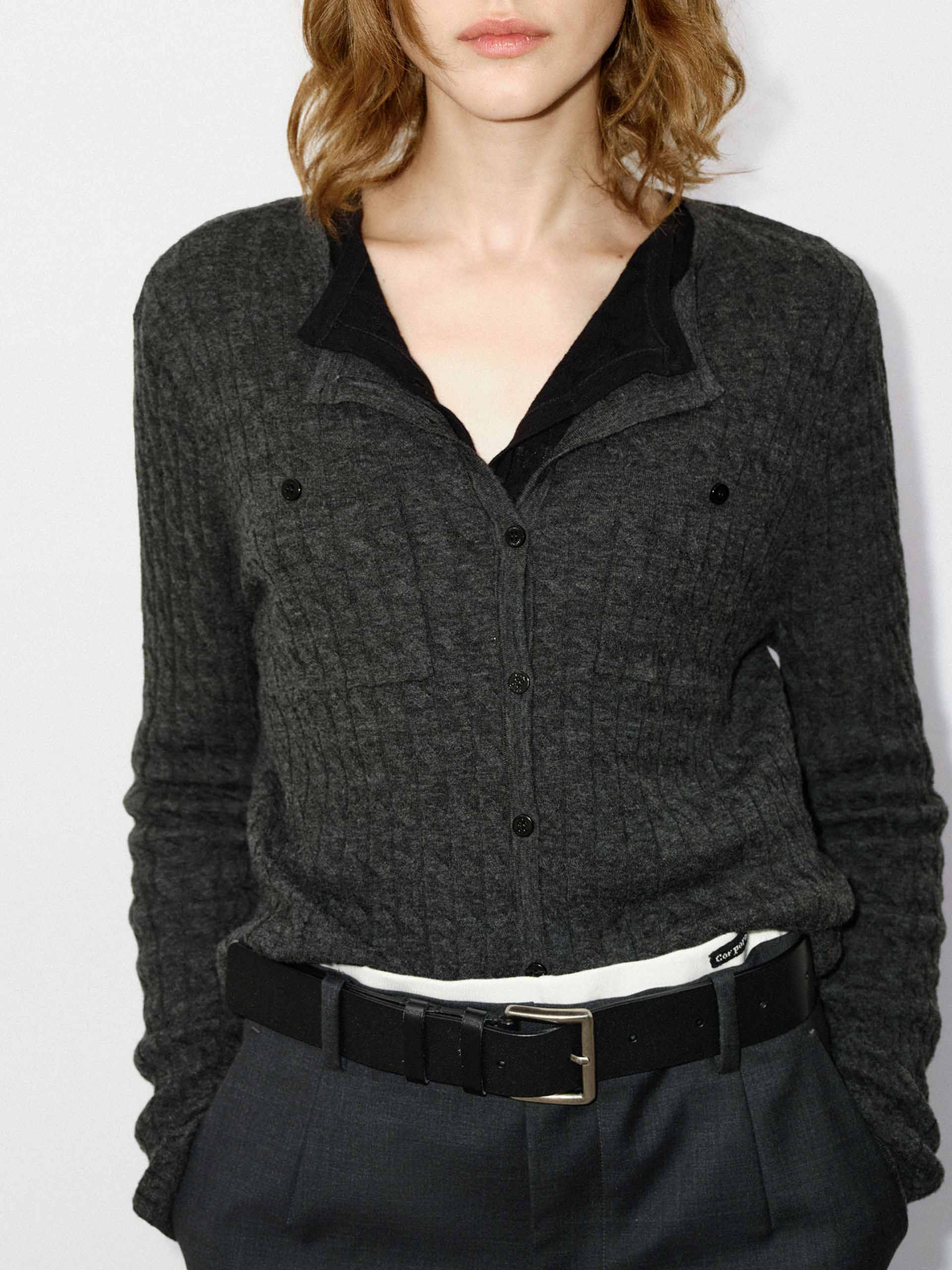 MO&Co. Women's Button Closure 100% Wool Cable Knit Fall Cardigan in Dark Grey