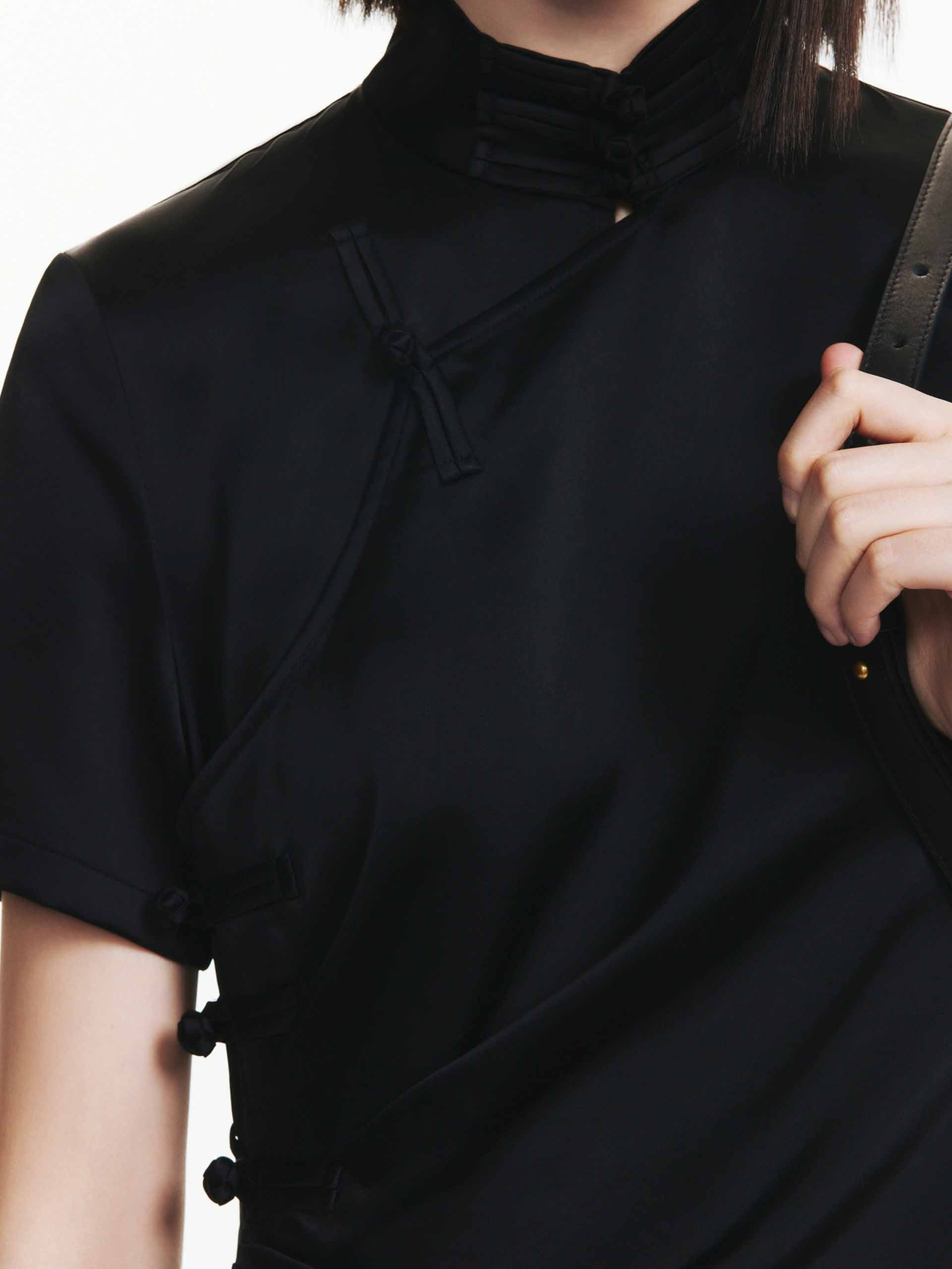 MO&Co. Women's Side Pleated Satin Neo-Chinese Style Mini Dress in Black