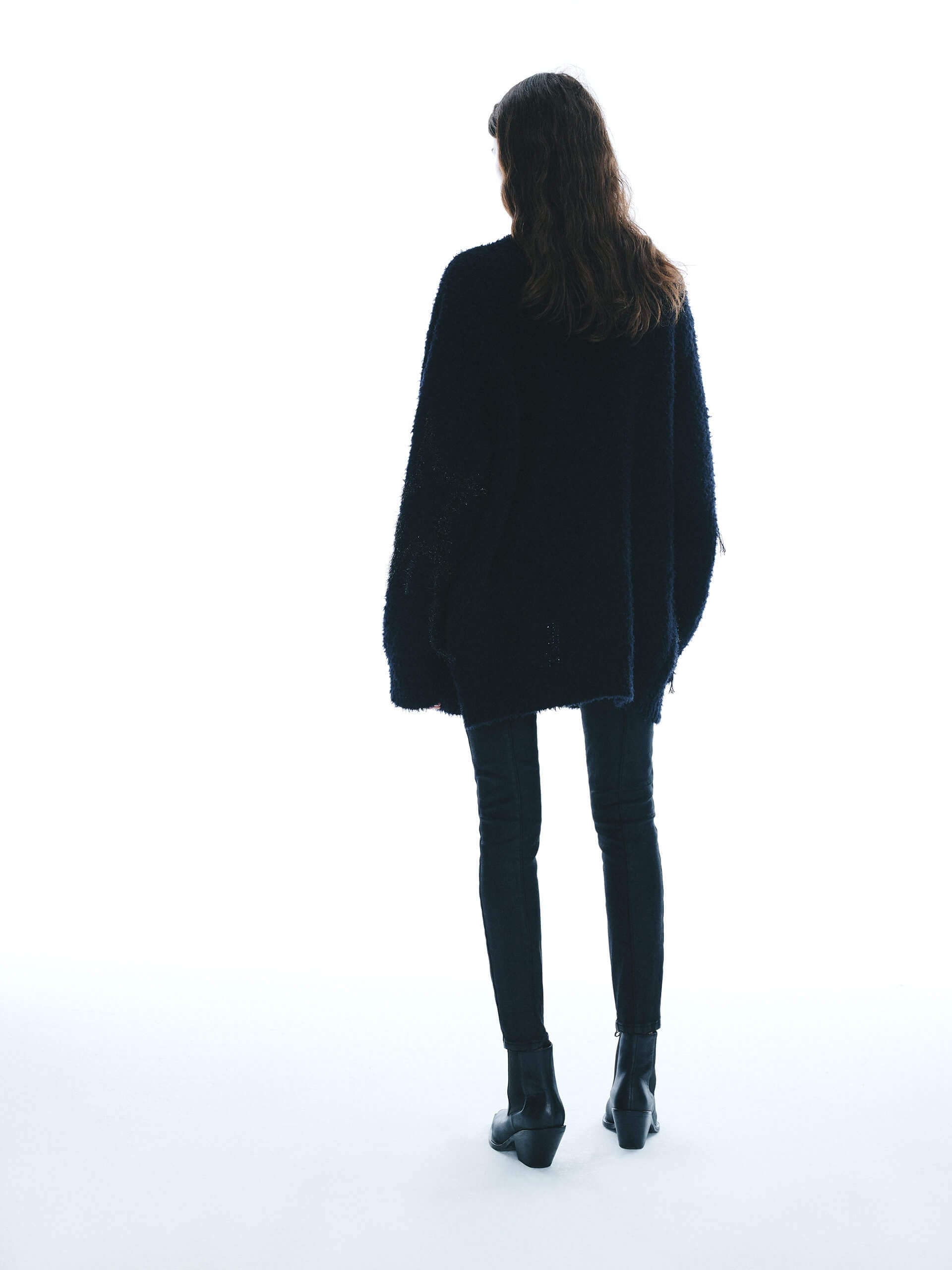 MO&Co. Noir Women's Oversized Fuzzy V Neck Knit Cardigan in Black with Star Guiltier Jacquard Details