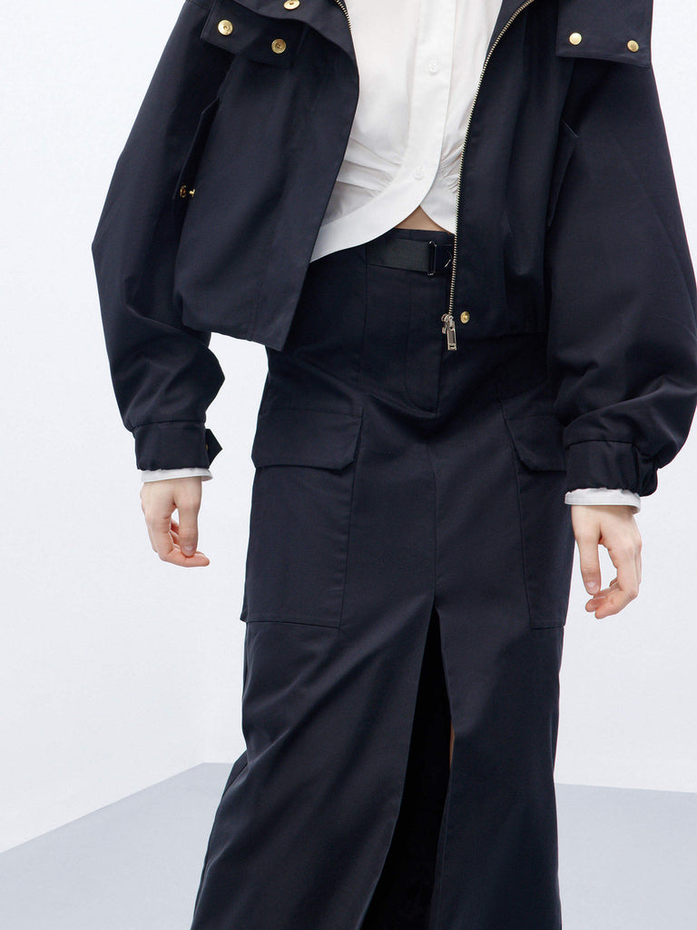 MO&Co. Women's Front Slit Belted Cargo Midi Skirt Urbancore in Black