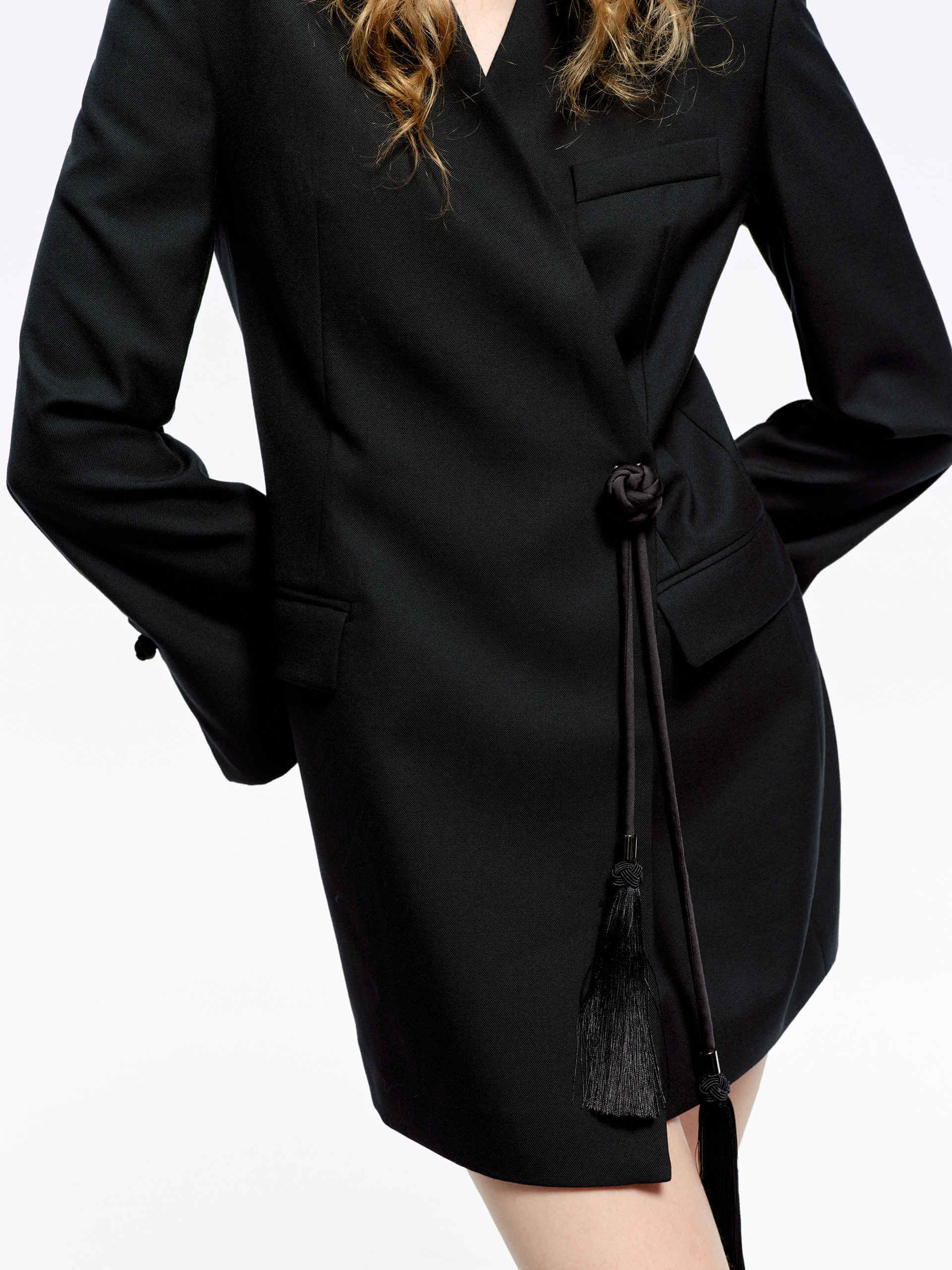 MO&Co. Women's Wool Blend Black Blazer Dress features long sleeves and wrap design