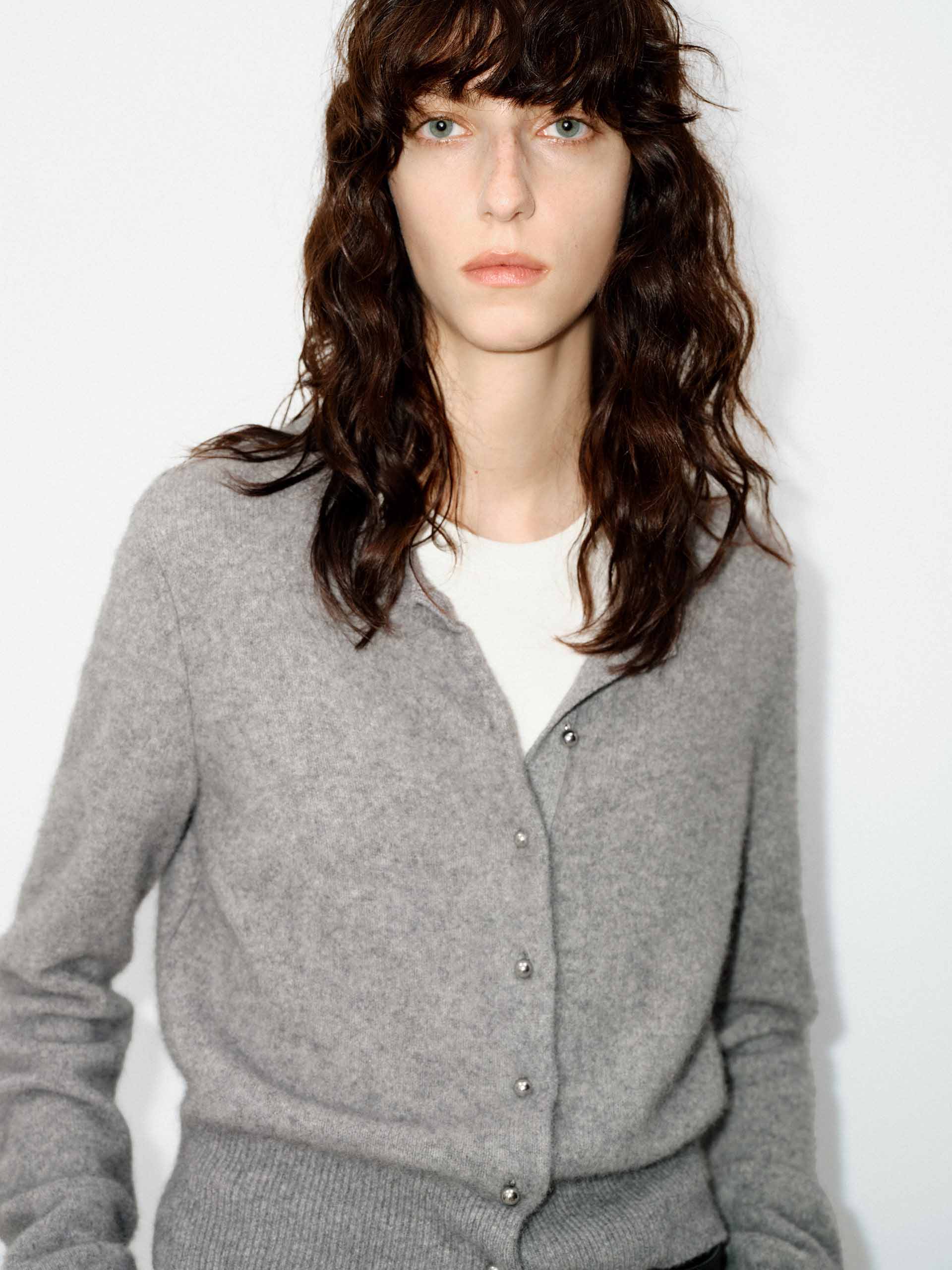 MO&Co. Women's Wool Blend Button Down Crew Neck Fluffy Cardigan in Grey