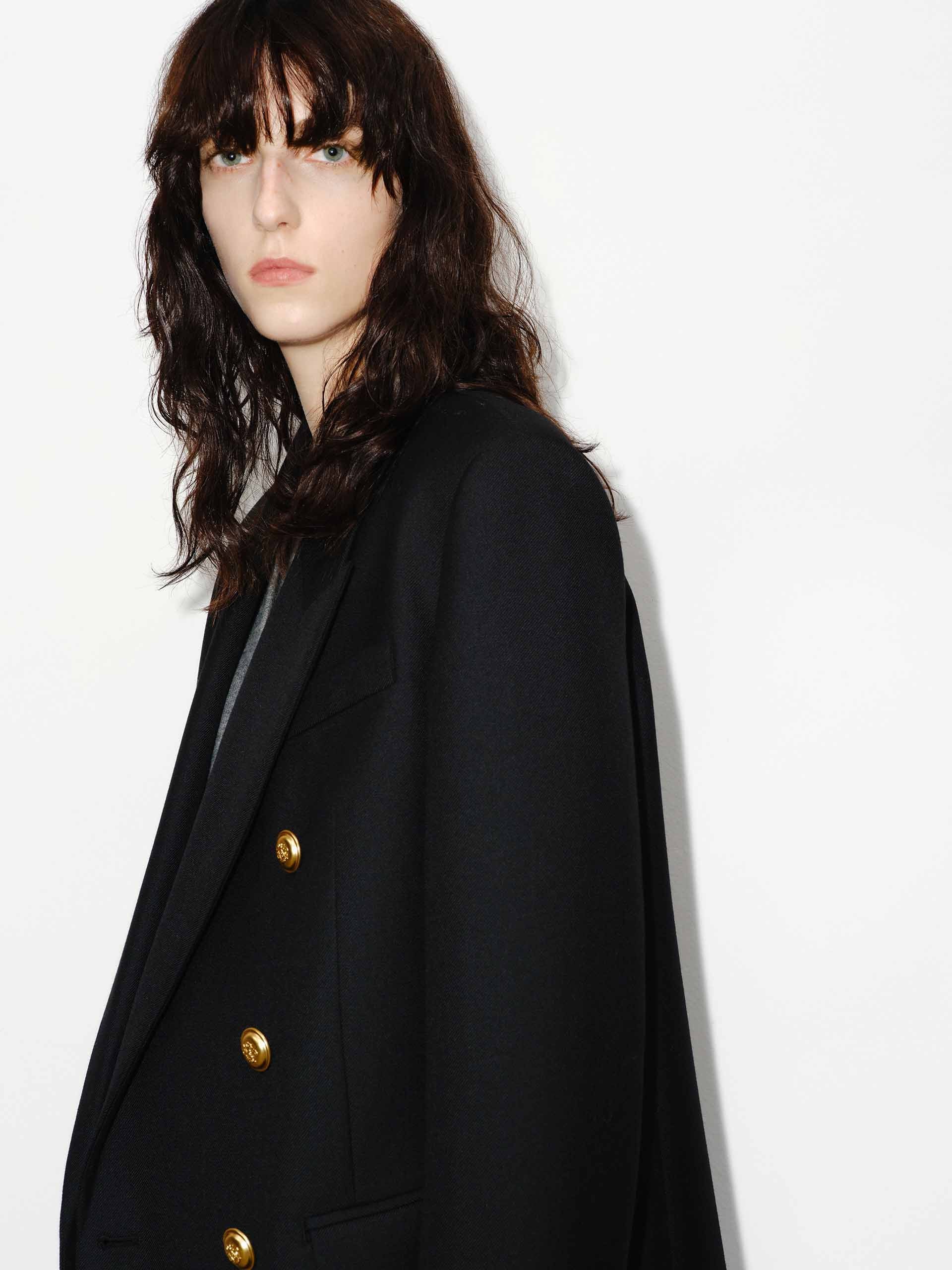 MO&Co. Women's Metallic Button Peak Lapel Structured Blazer Wool Blend in Black