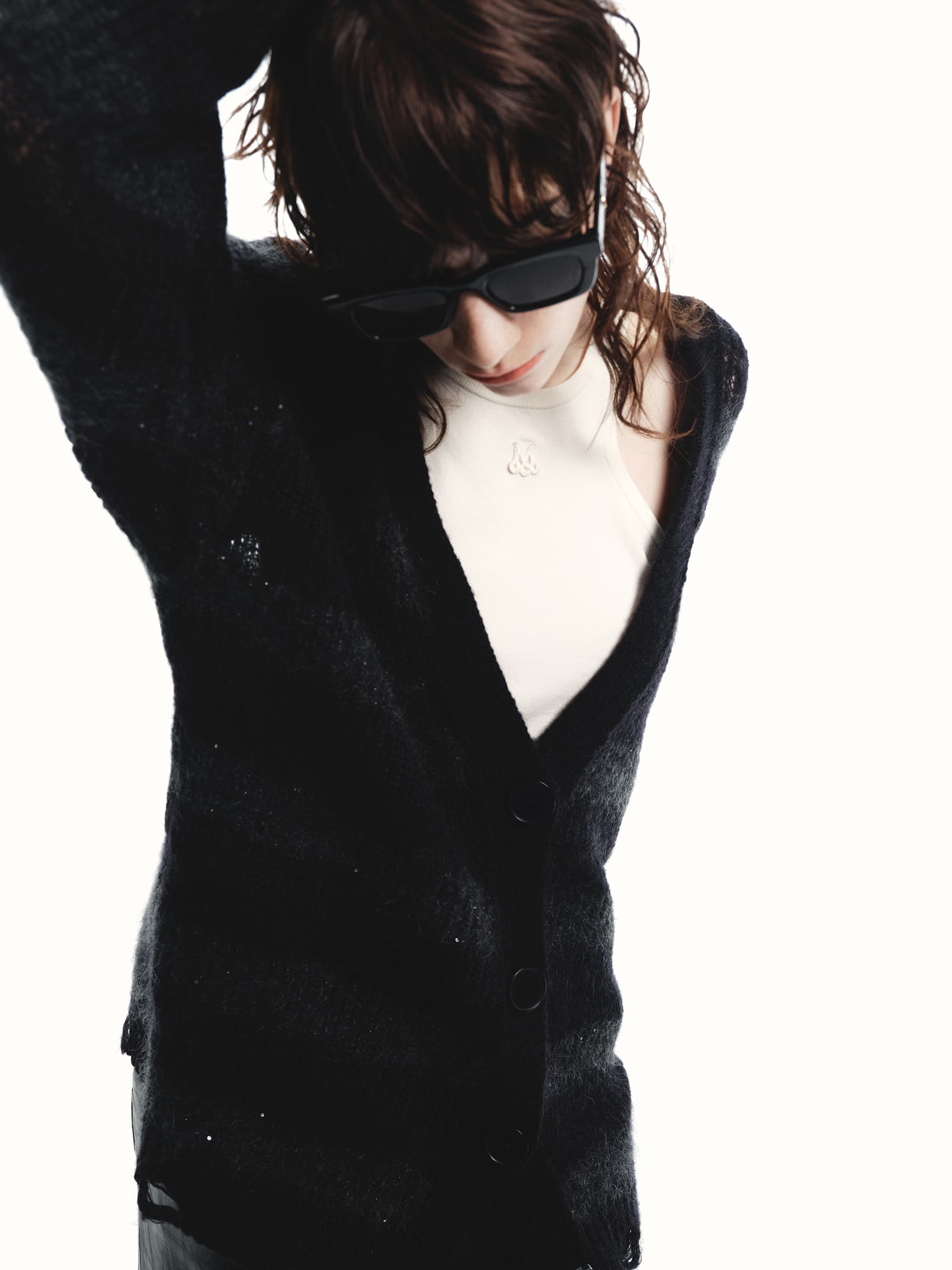 MO&Co. Women's Loose V-neck Distressed Sequin Detail Knit Cardigan