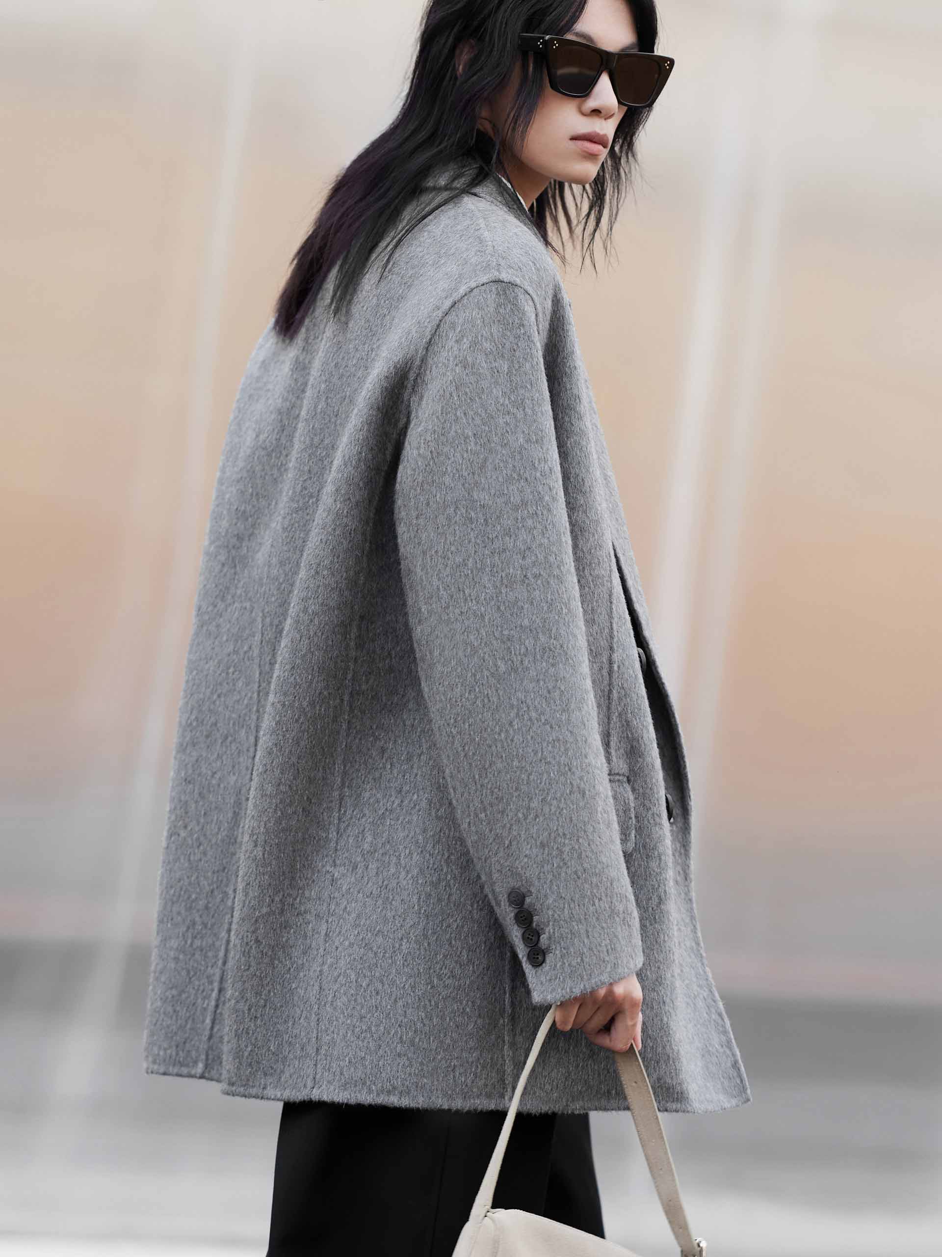 MO&Co. Women's Tailored Double Breasted Peak Lapel Wool Blend Midi Coat in Grey