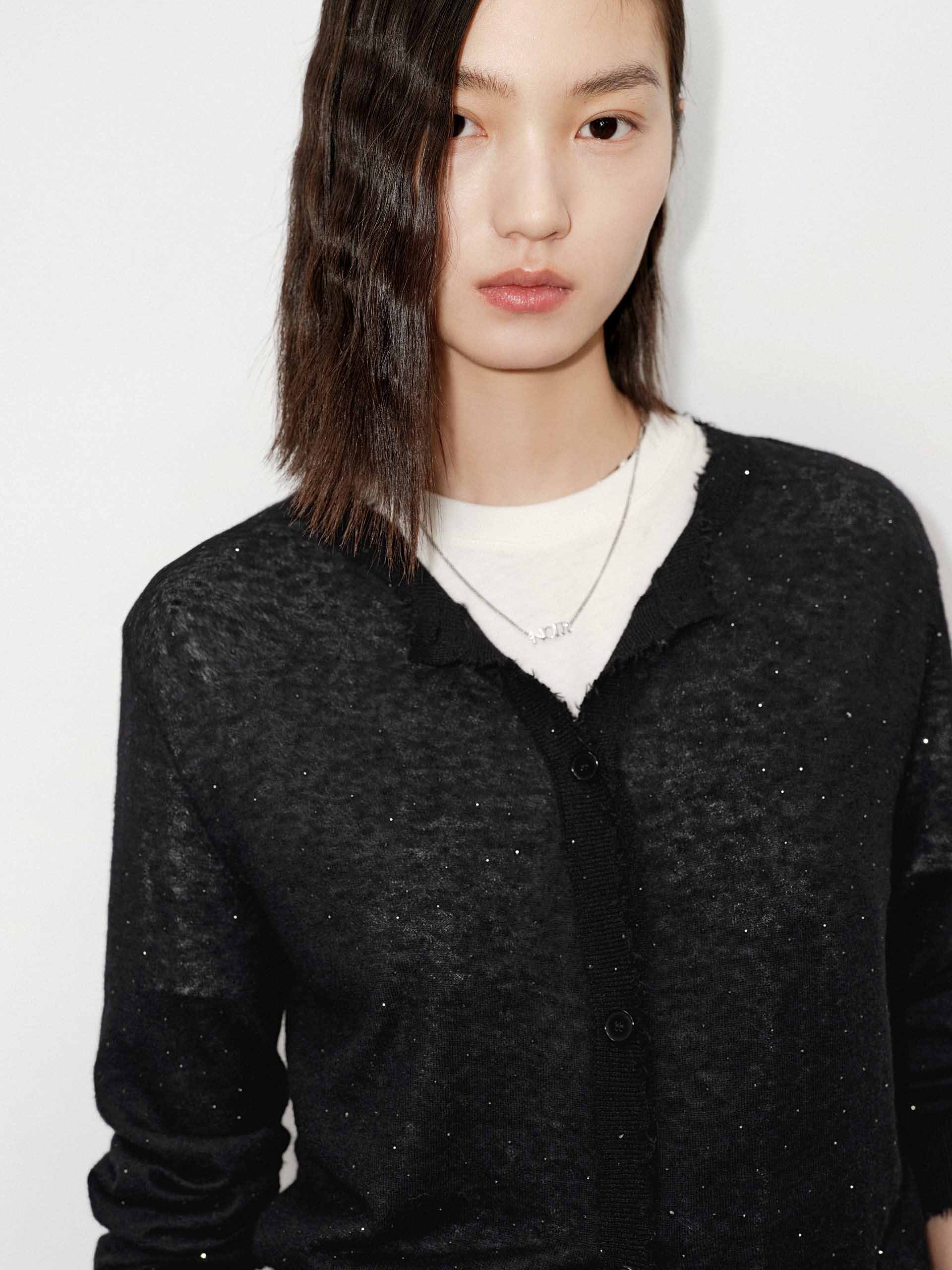 MO&Co. Women's Raw Trim Detail Alpaca fleece and Wool Blend Knit Cardigan in Black with Rhinestone Details