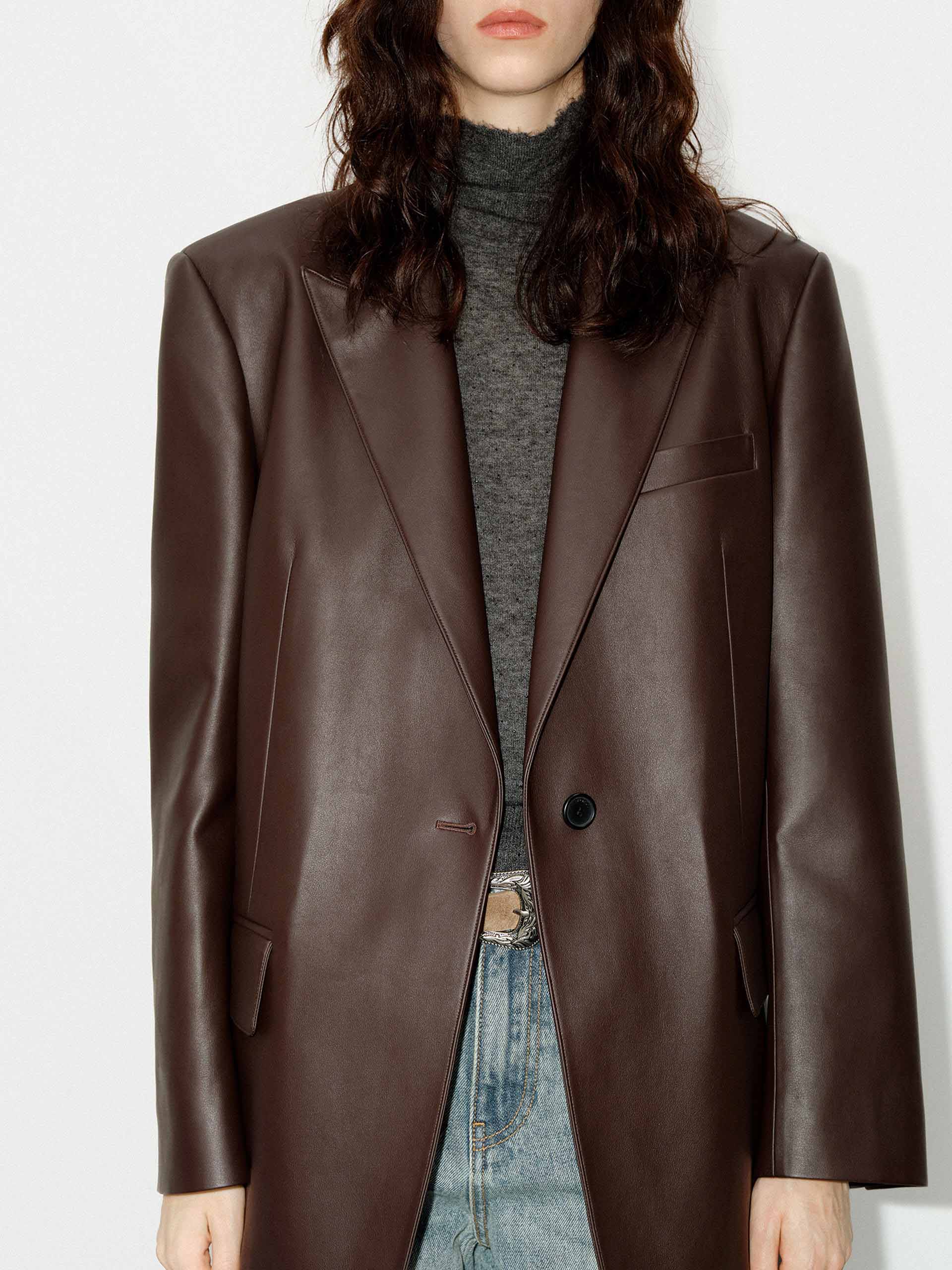 MO&Co. Women's Oversized Faux Leather Blazer with shoulder paddings in Brown