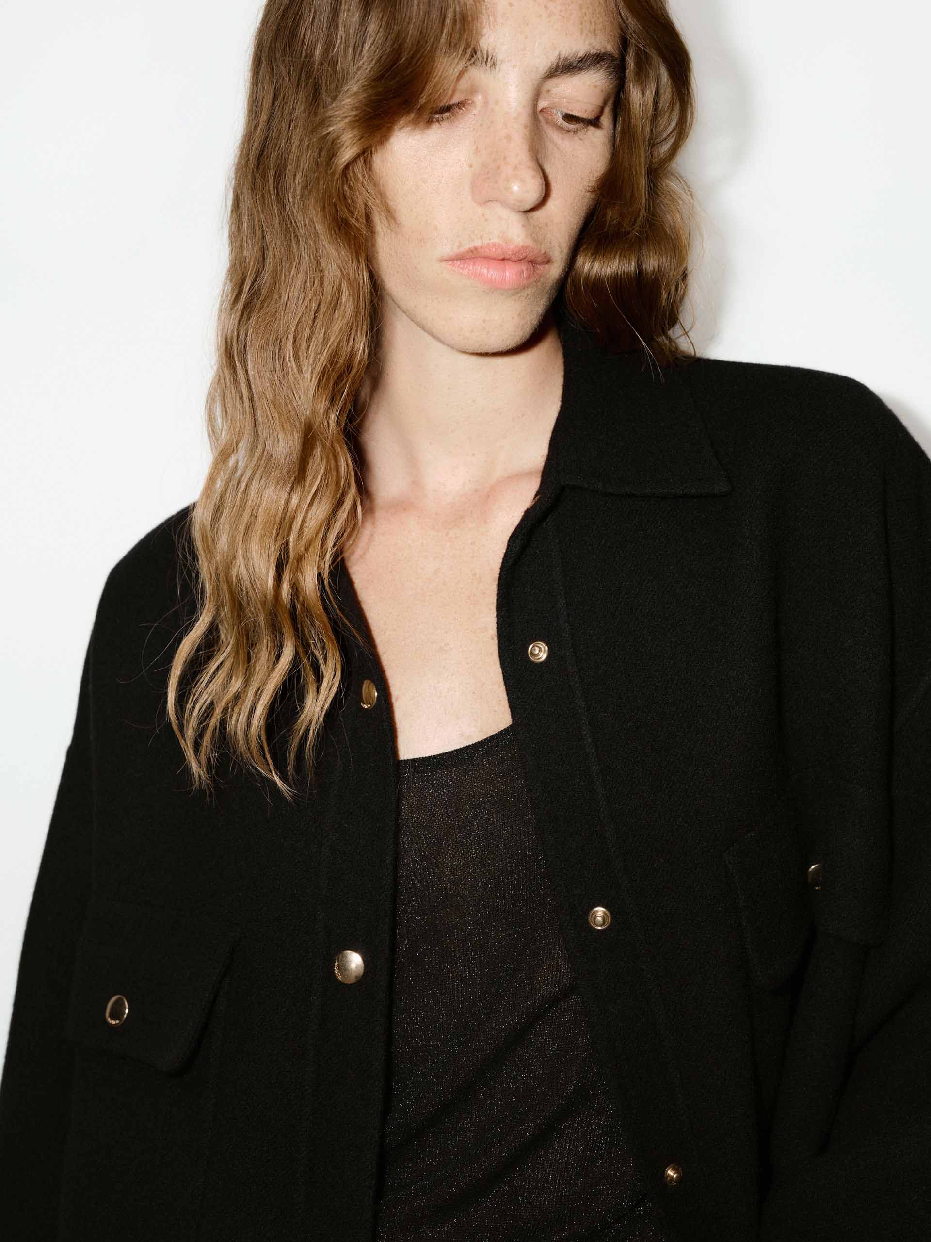 MO&Co. Women's 100% Wool Casual Loose Fit Overshirt in Black