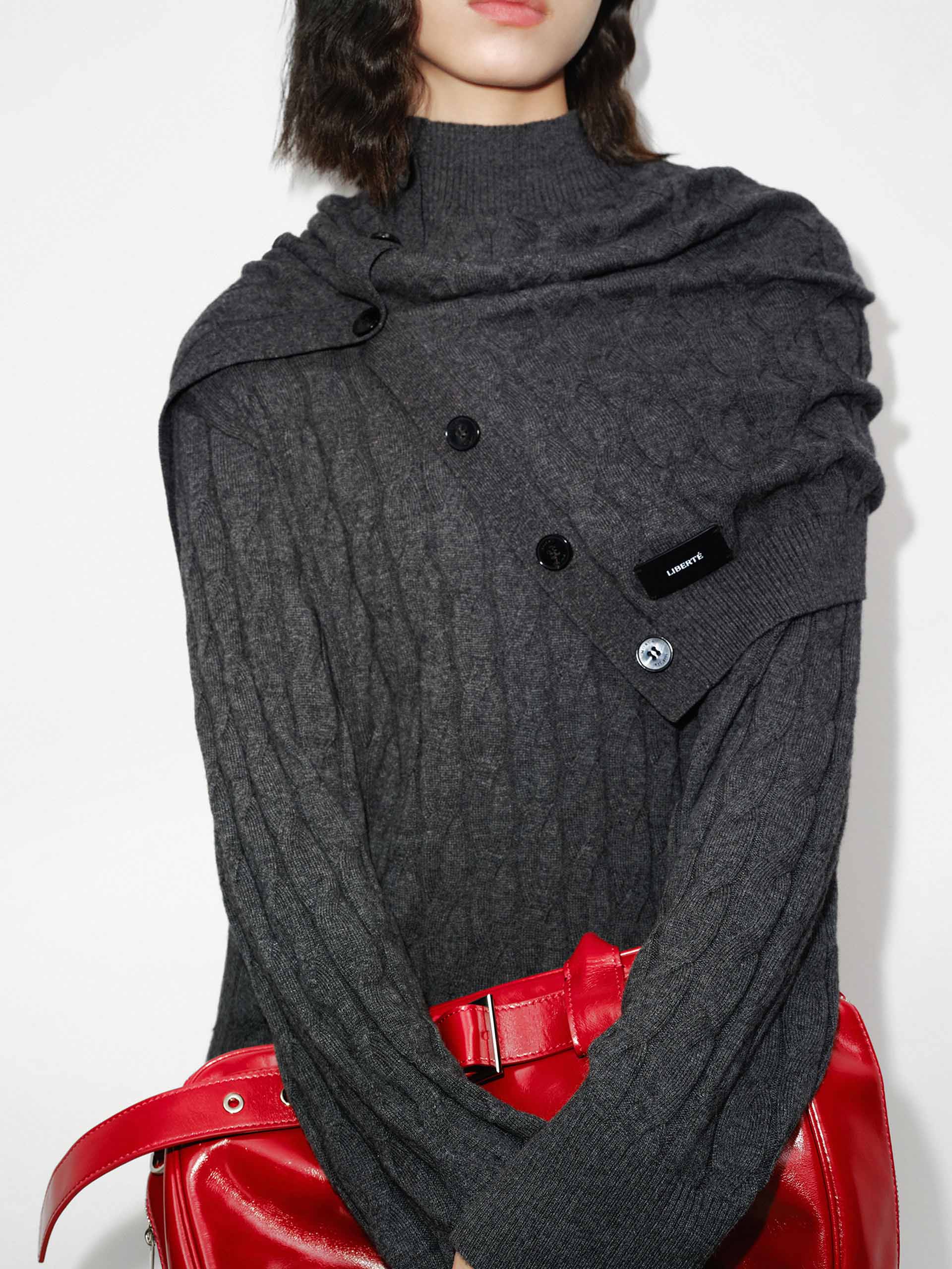 MO&Co. Women's Wool Cashmere Midi Cut Cable Knit Dress in Grey with Layers