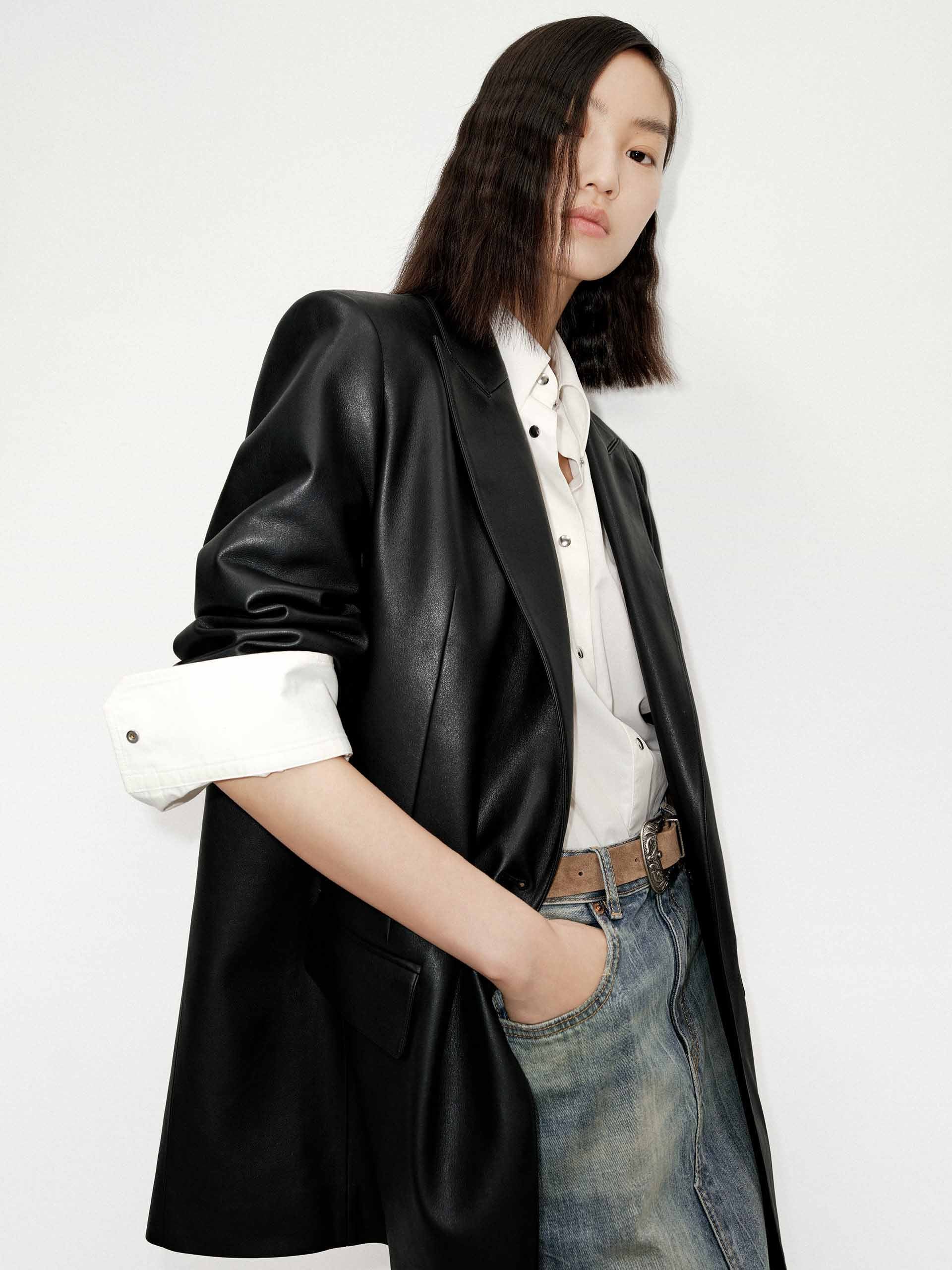 MO&Co. Women's Oversized Faux Leather Blazer with shoulder paddings in Black