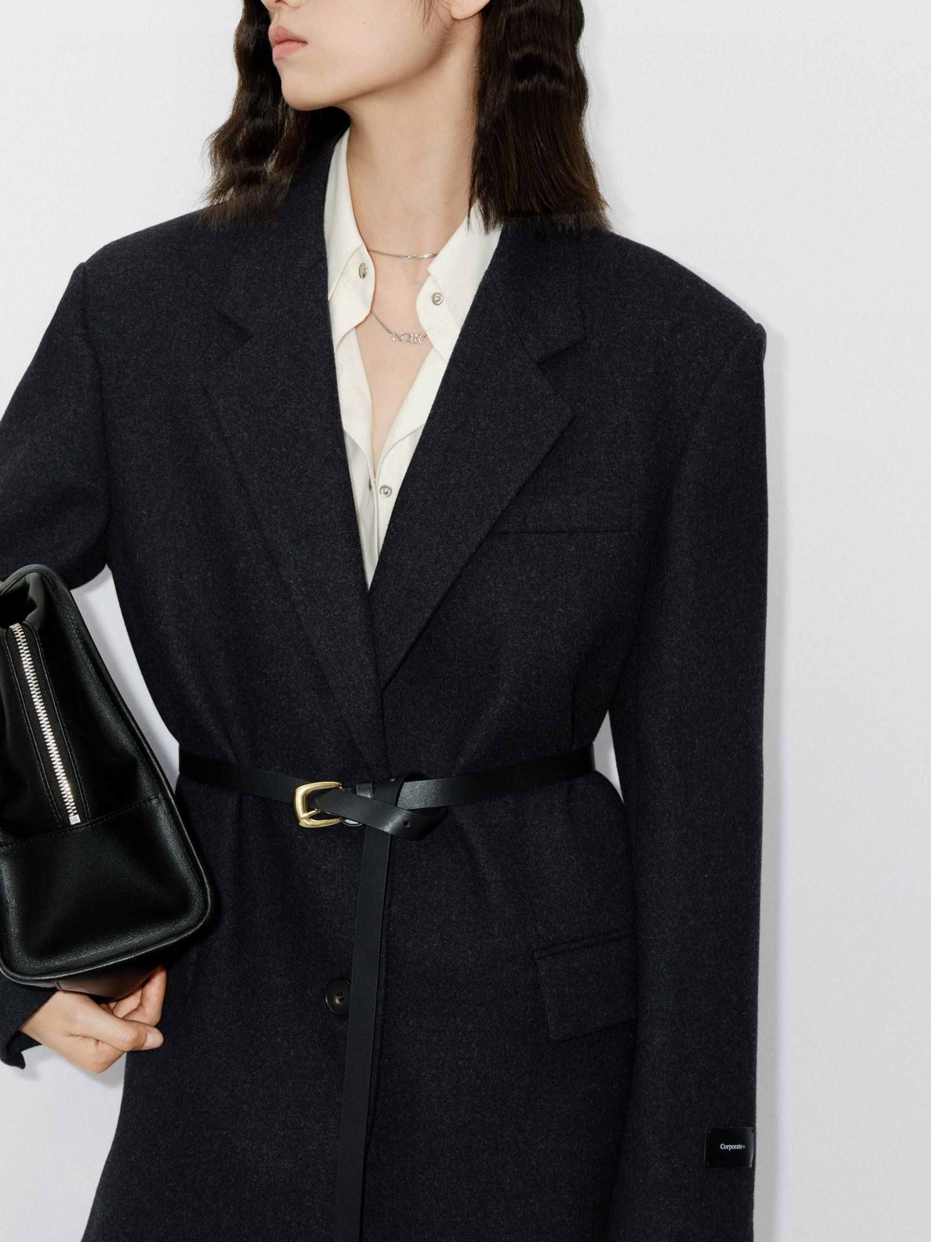 MO&Co. Women's Include Belted Casual Single Breasted Pure Merino Wool Coat Blazer