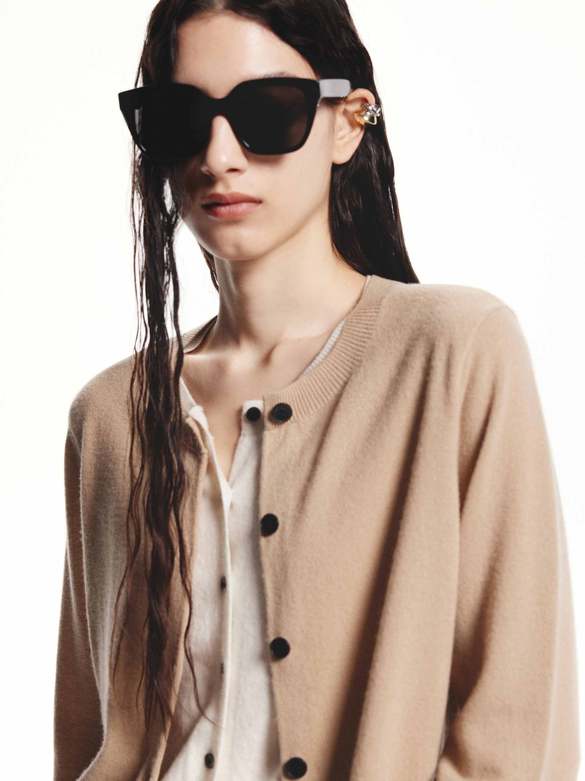 MO&Co. Women's Crew Neck Layer Wool Cashmere Cardigan with long sleeves in Camel