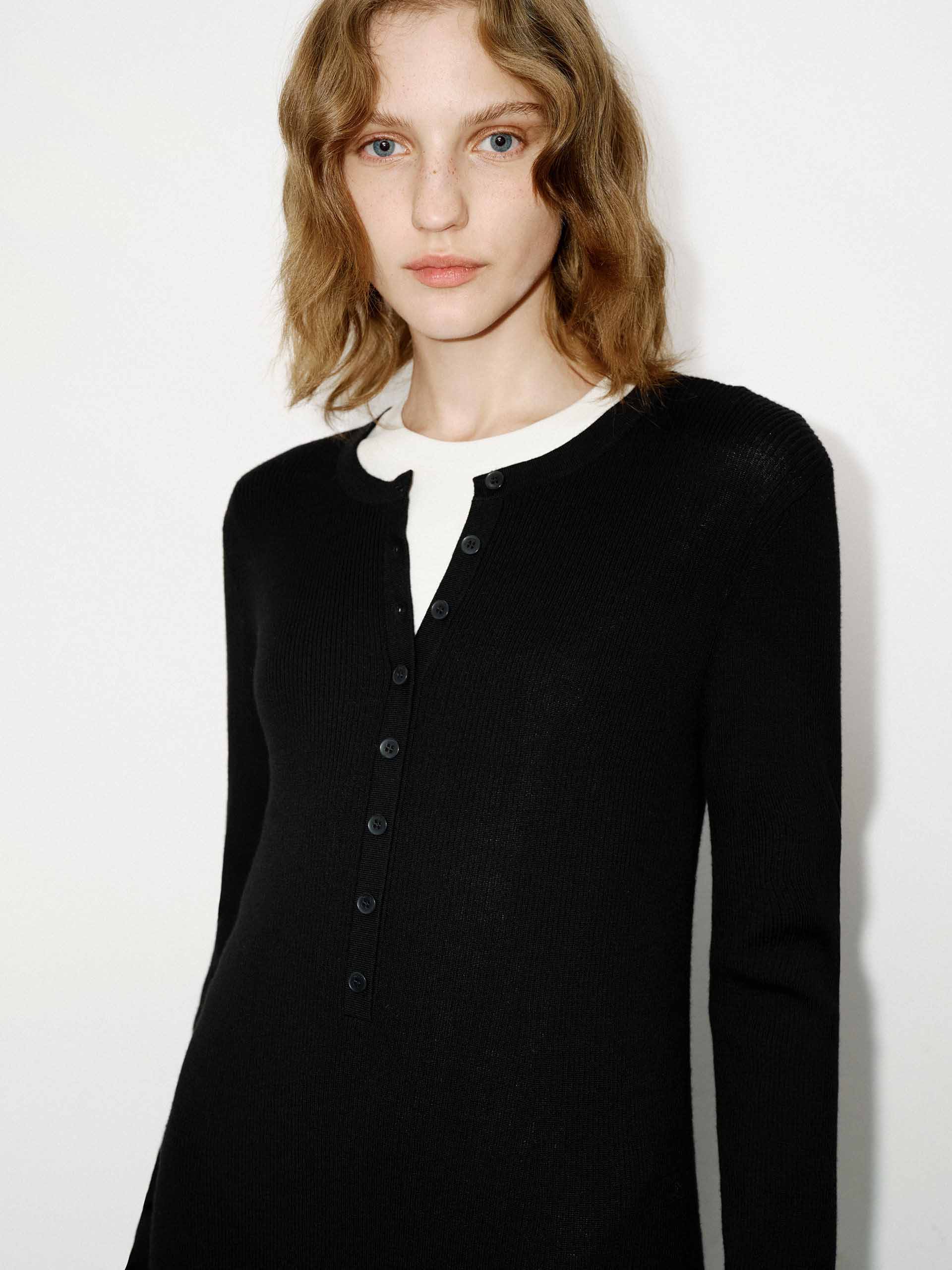 MO&Co. Women's Half Button Long Sleeves Wool Knit Dress in Black