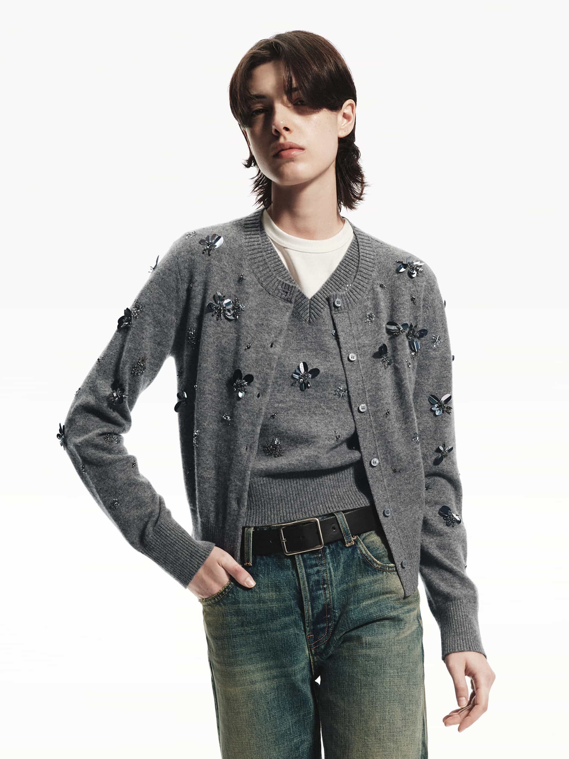 MO&Co. Women's Sequin Detail Pure Merino Wool Cardigan in Grey