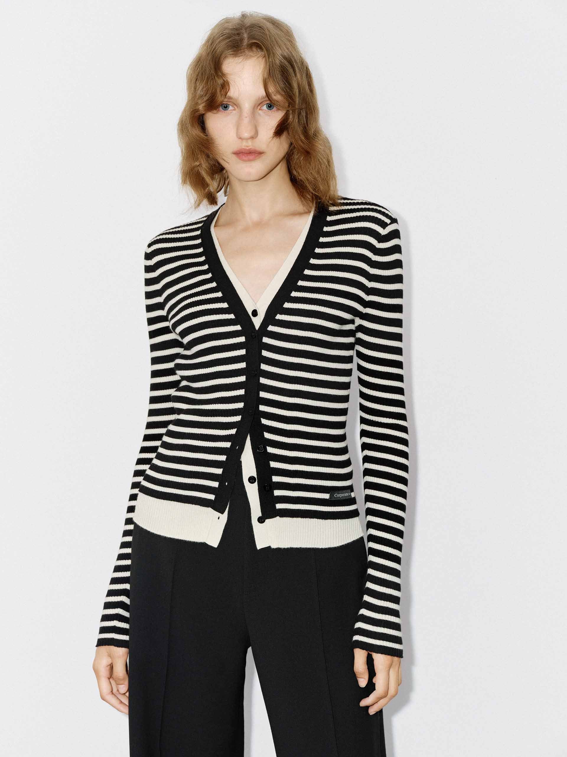 MO&Co. Women's Contrast Layered Detail V-neck Tight Fit Wool Blend Cardigan in Striped