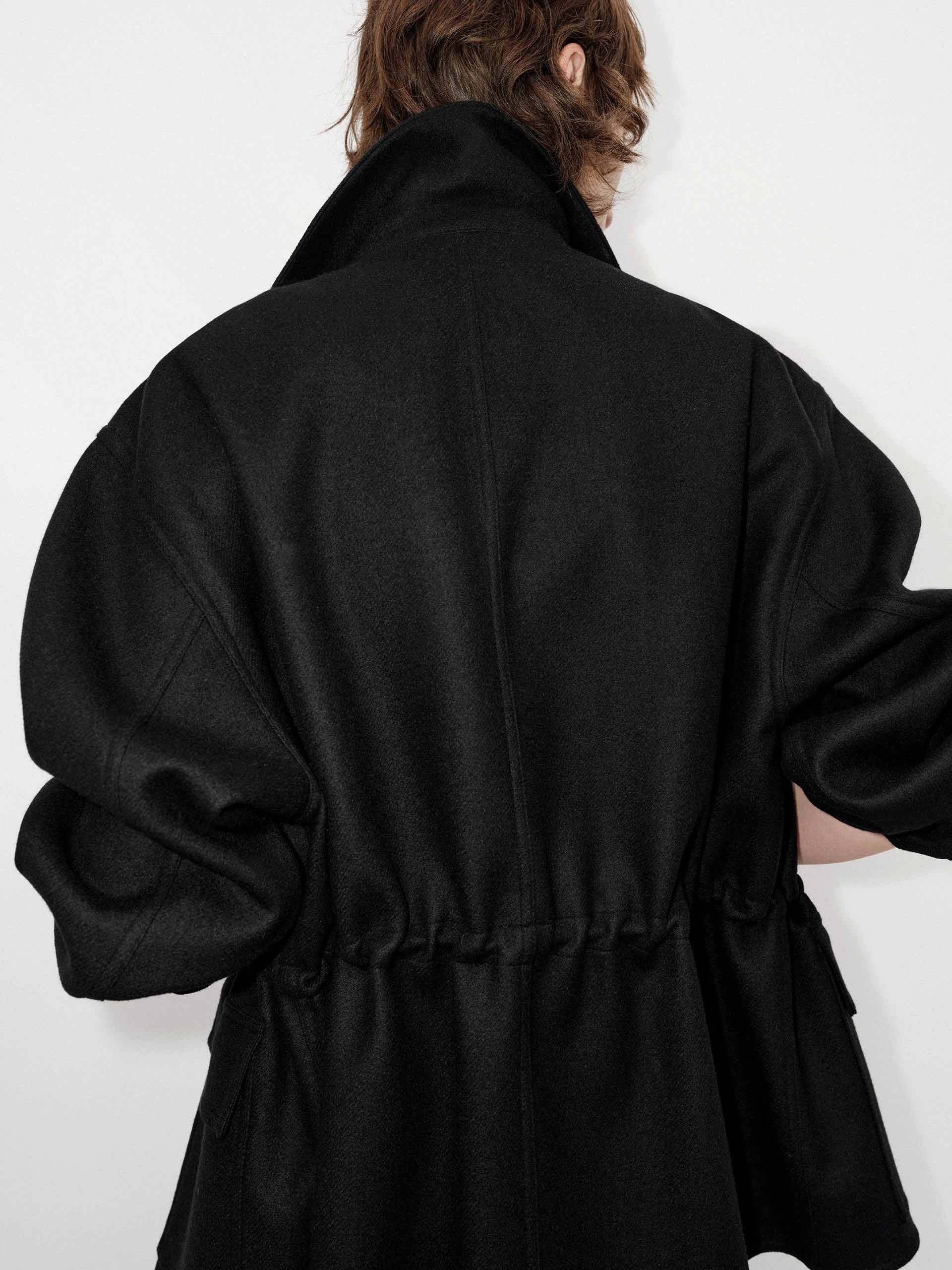 MO&Co. Women's Drawstring Waist 100% Wool Zipper Jacket in Black