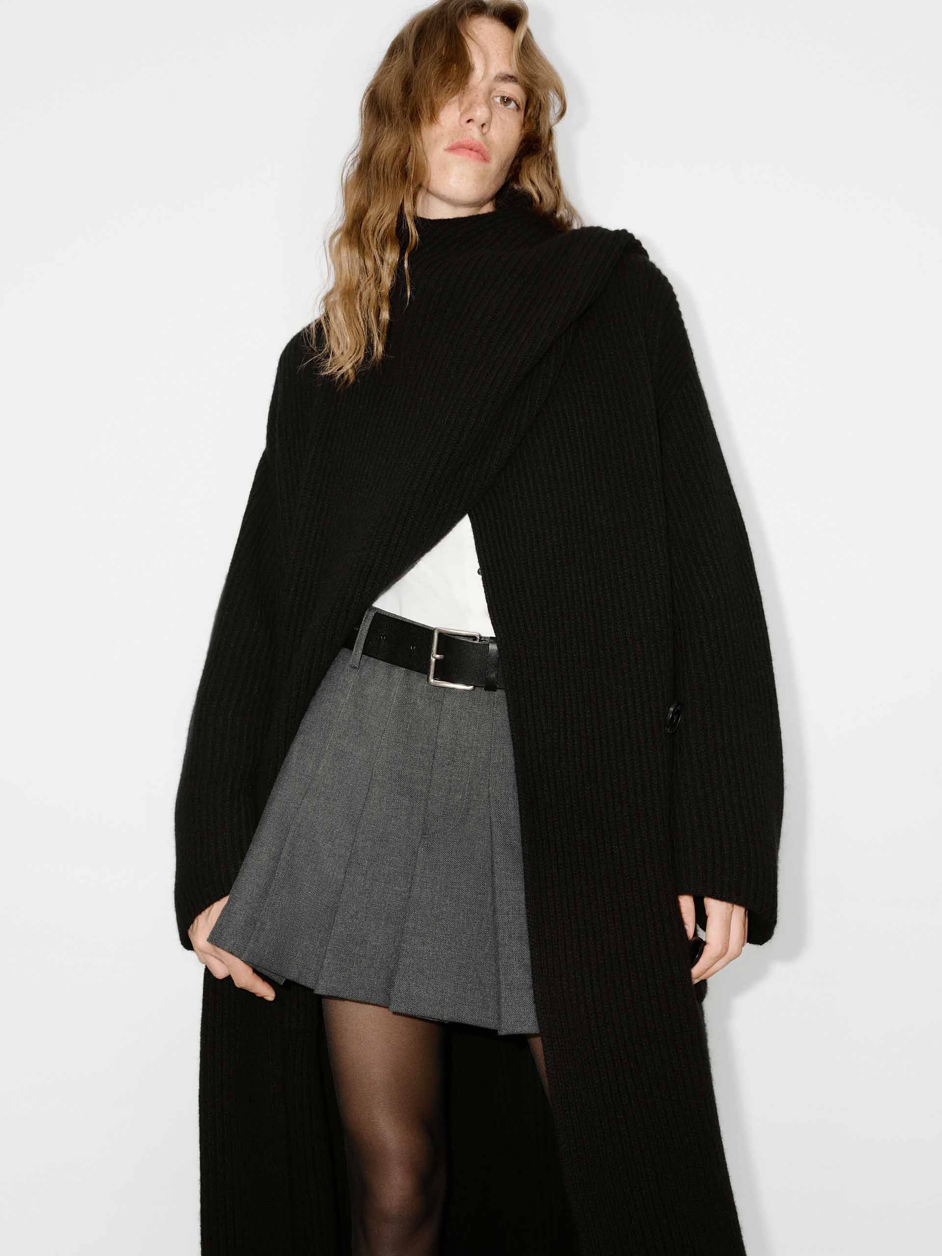 MO&Co. Women's Scarf Collar Wool Alpaca fleece Blend Longline Cardigan in Black