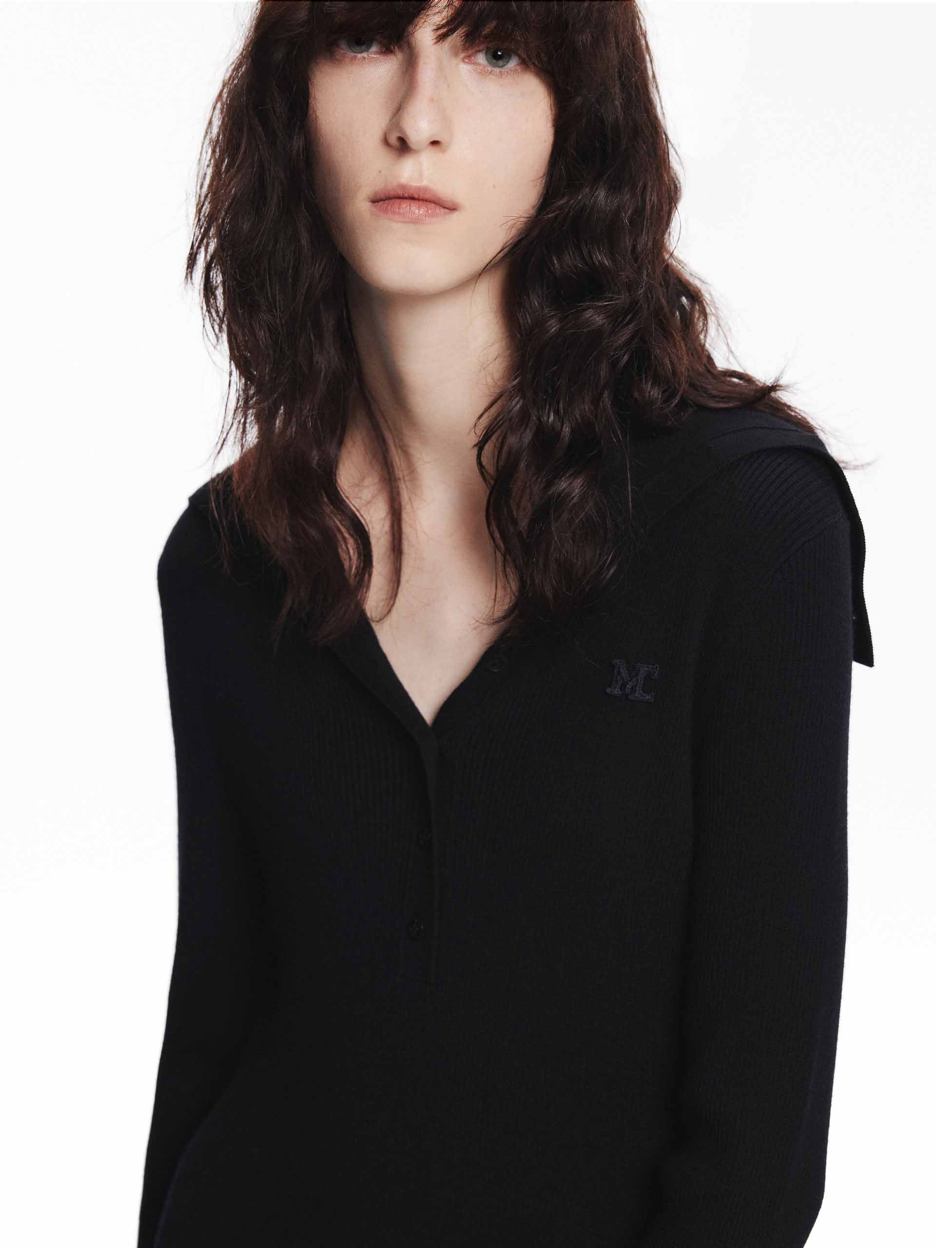 MO&Co. Women's Machine Washable 100% Wool Long Sleeves Midi Knit Dress in Black