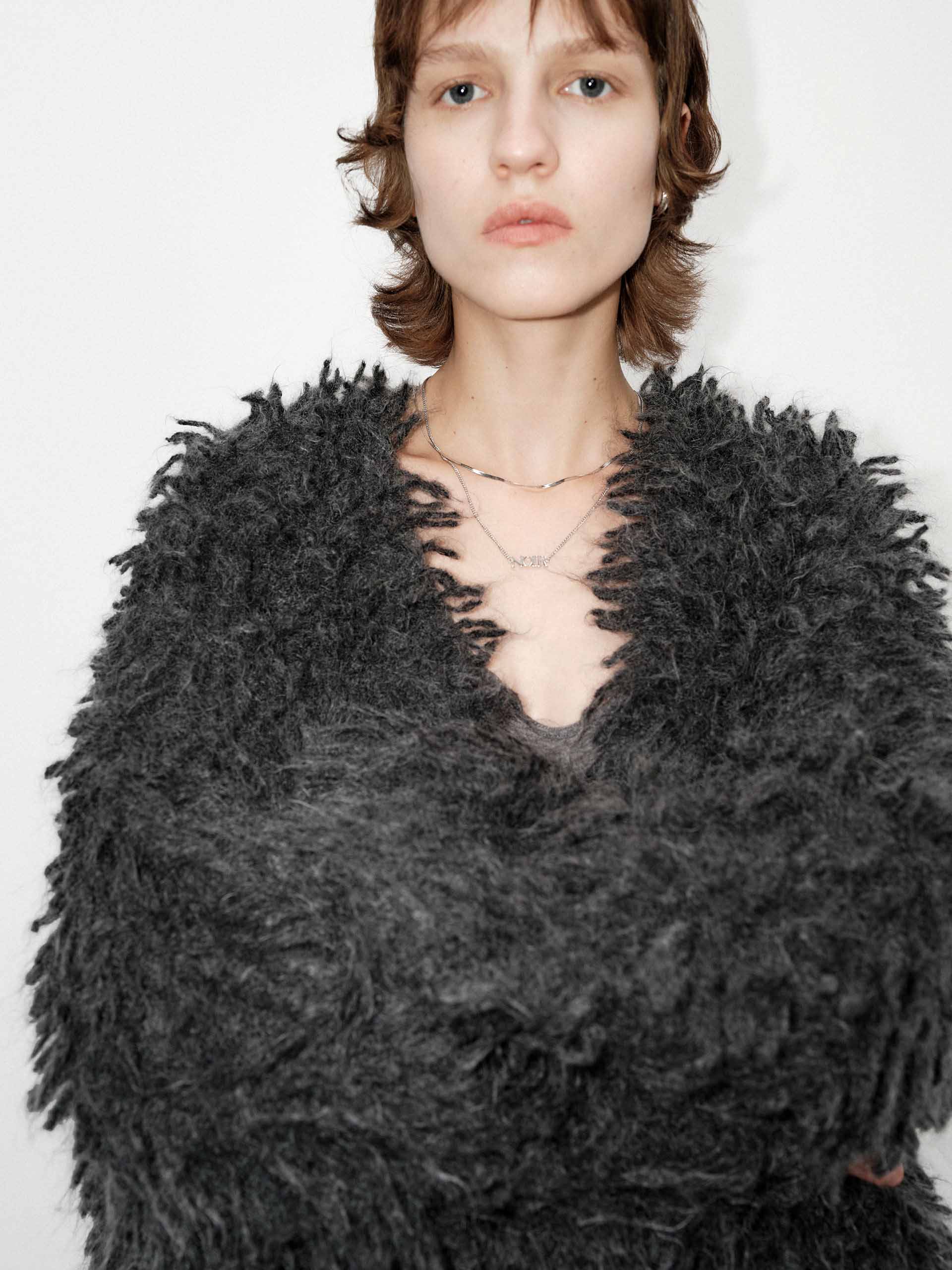 MO&Co. Women's Loose Fit Mohair Blend Fuzzy Long Sleeves Cardigan in Grey