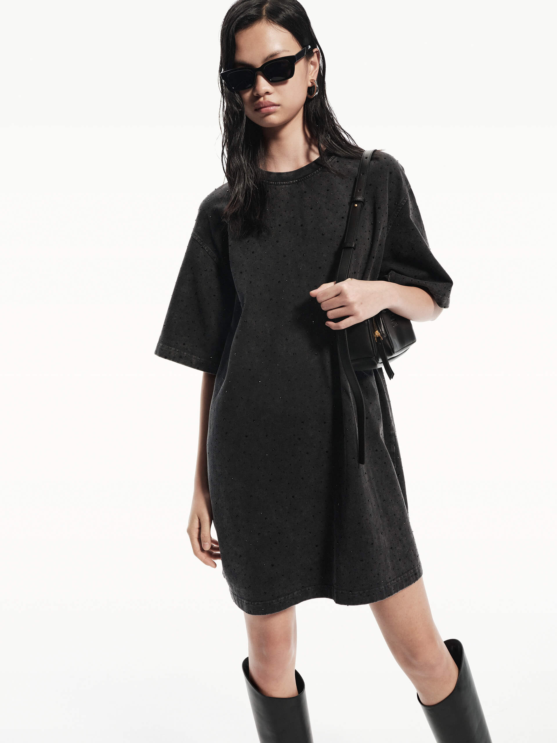 MO&Co. Women's Rhinestone Detail Pure Cotton Oversized Tee Dress