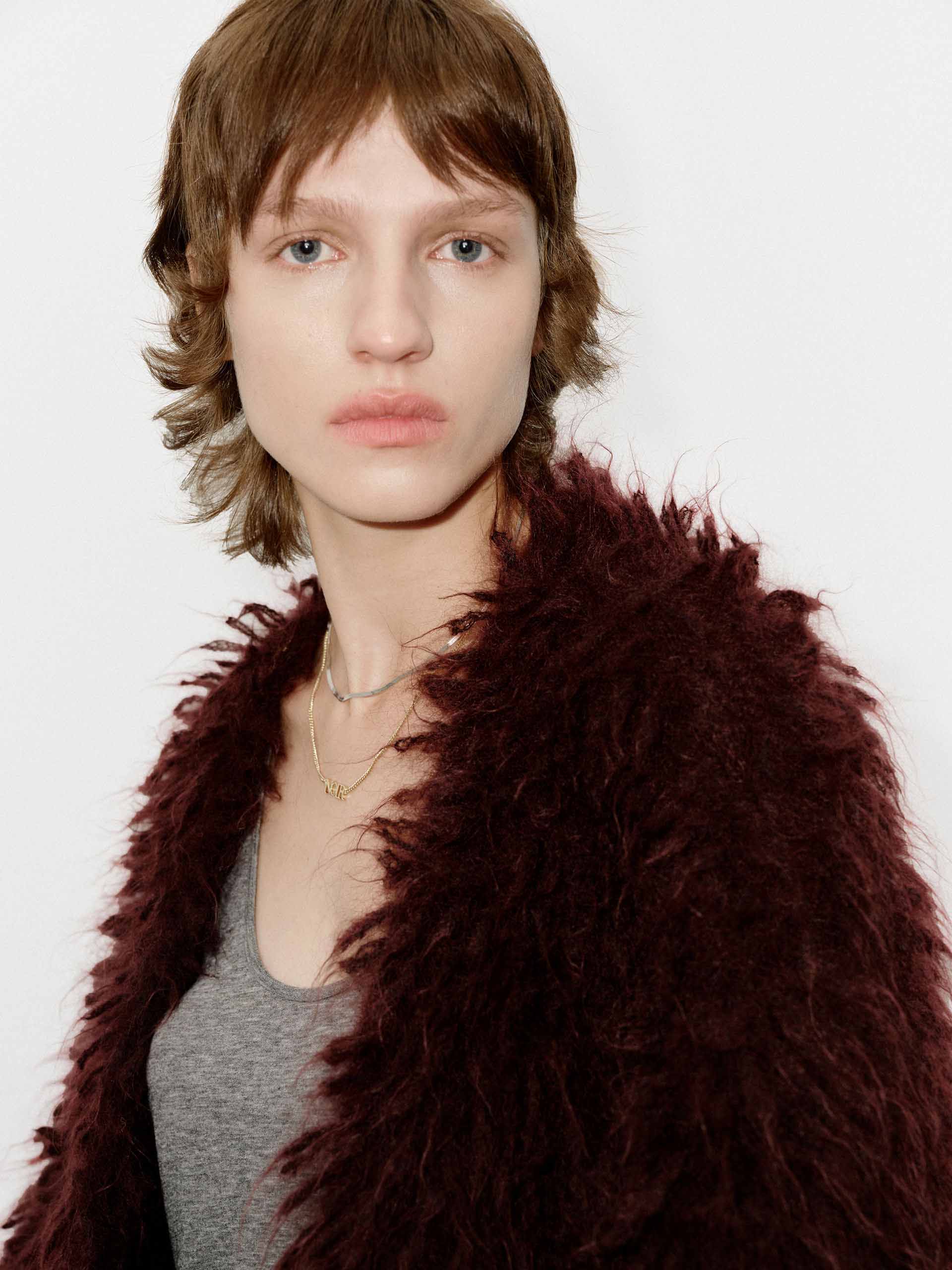 MO&Co. Women's Loose Fit Mohair Blend Fuzzy Long Sleeves Cardigan in Burgundy