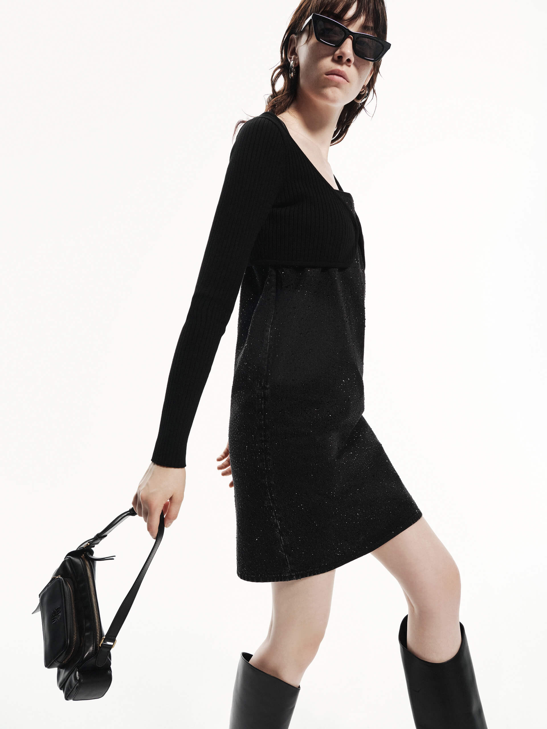 MO&Co. Women's Rhinestone Detail Mini Cami Denim Dress with Long Sleeves Cardigan