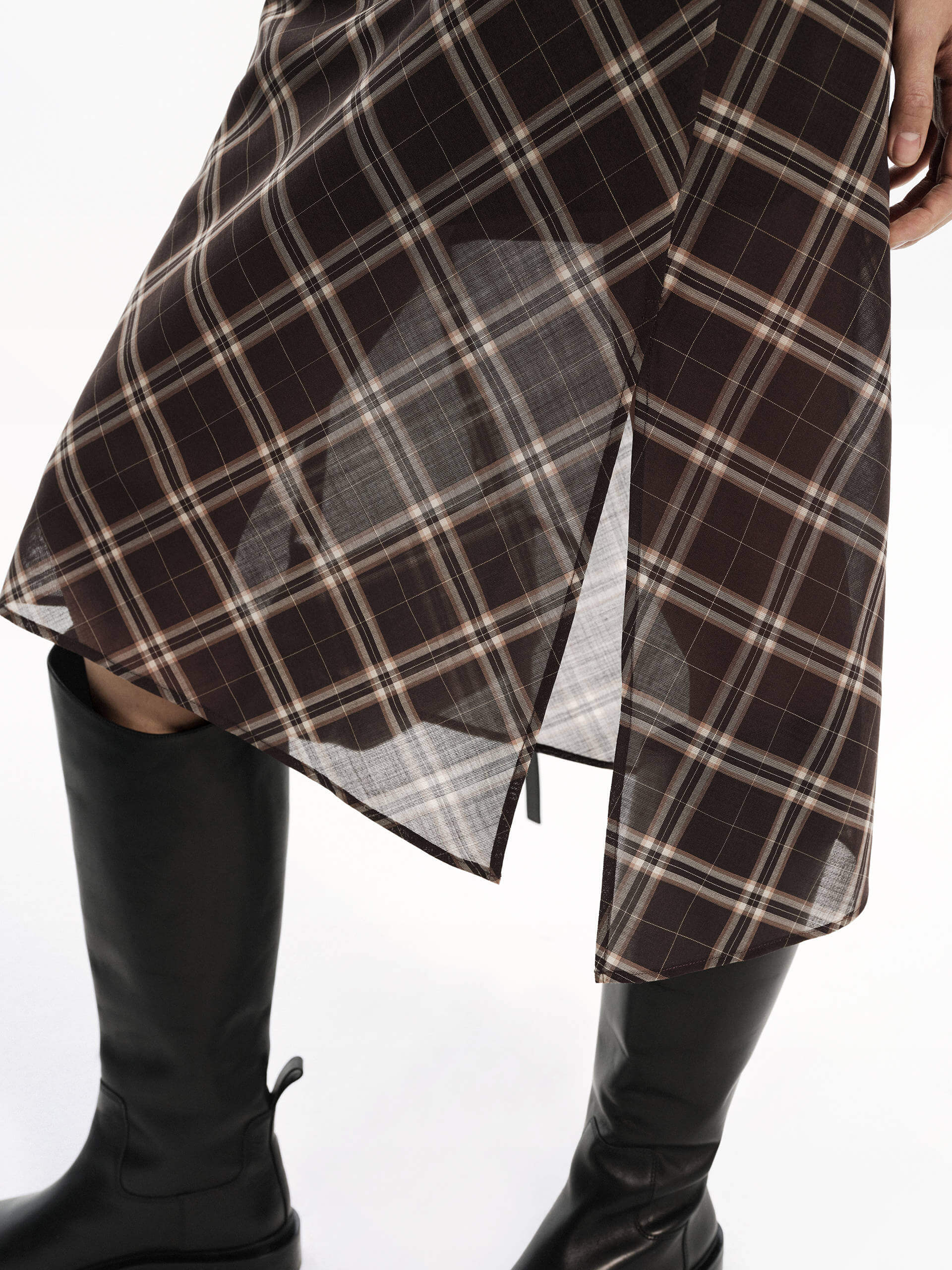 MO&Co. Women's Plaid Pattern Cami Dress Slit Detailed in Brown with Gathered Waist Details