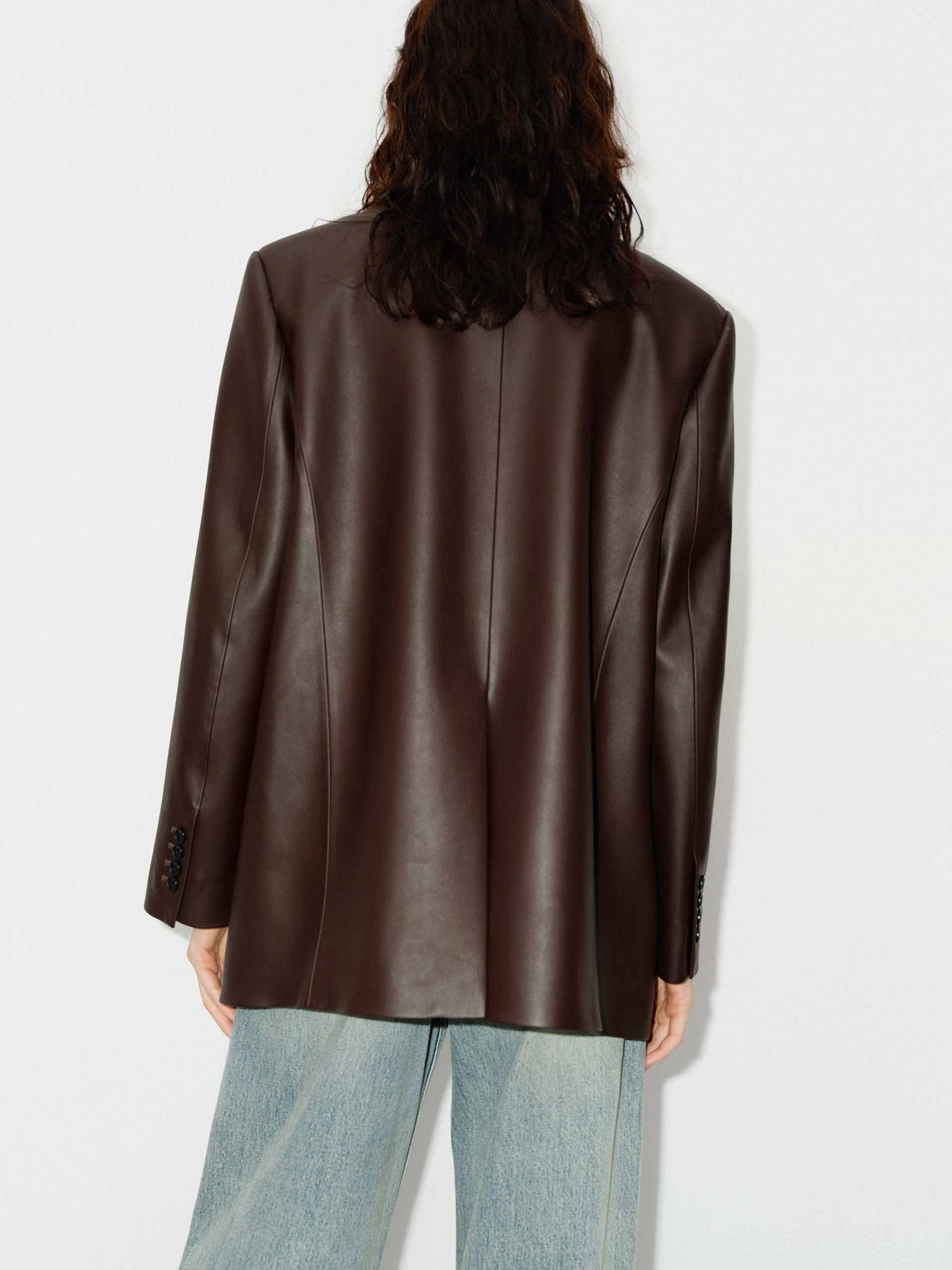 MO&Co. Women's Oversized Faux Leather Blazer with shoulder paddings in Brown