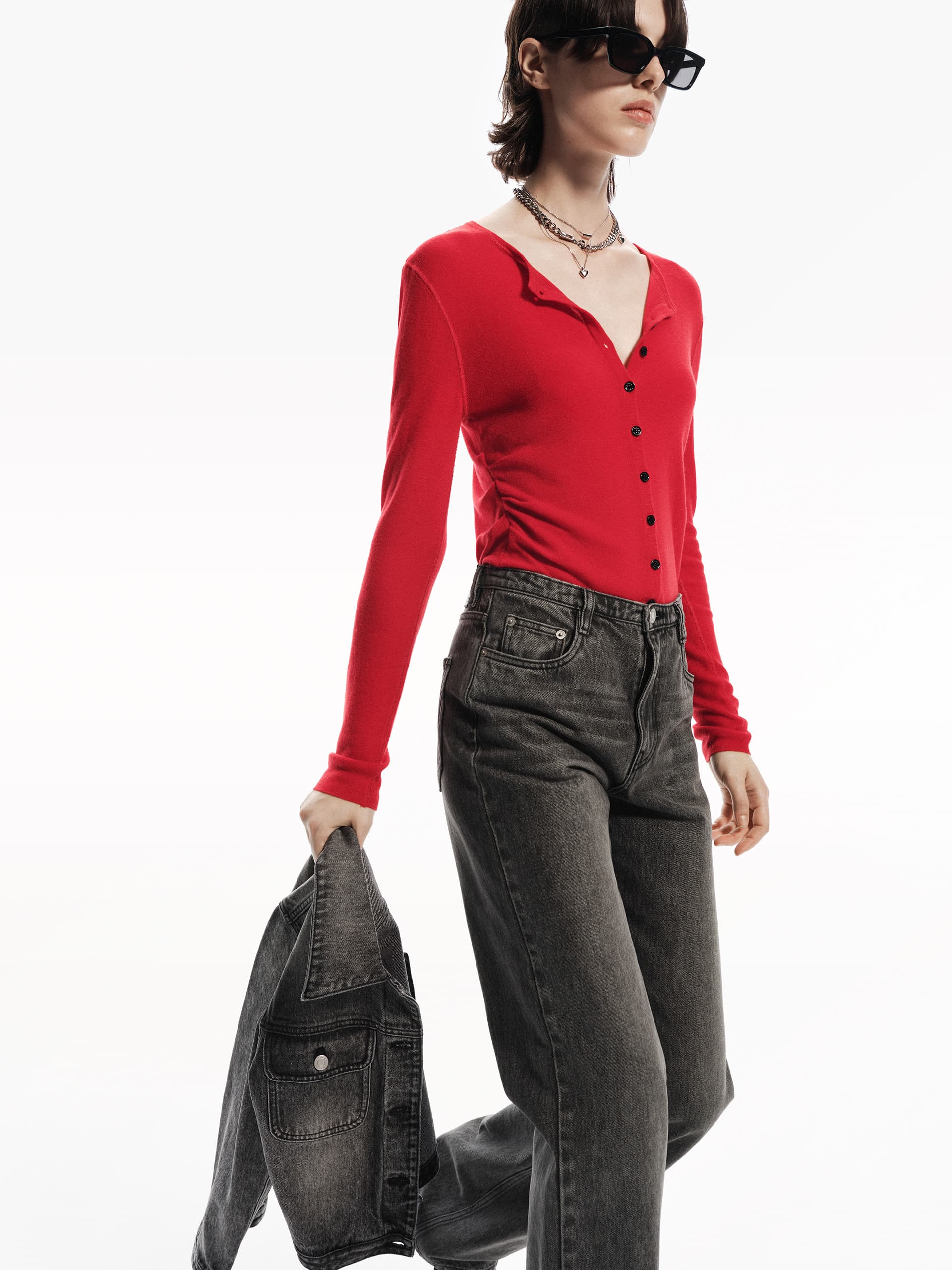 MO&Co. Women's Pure Merino Wool Round Neck Long Sleeve Knit Cardigan in Red