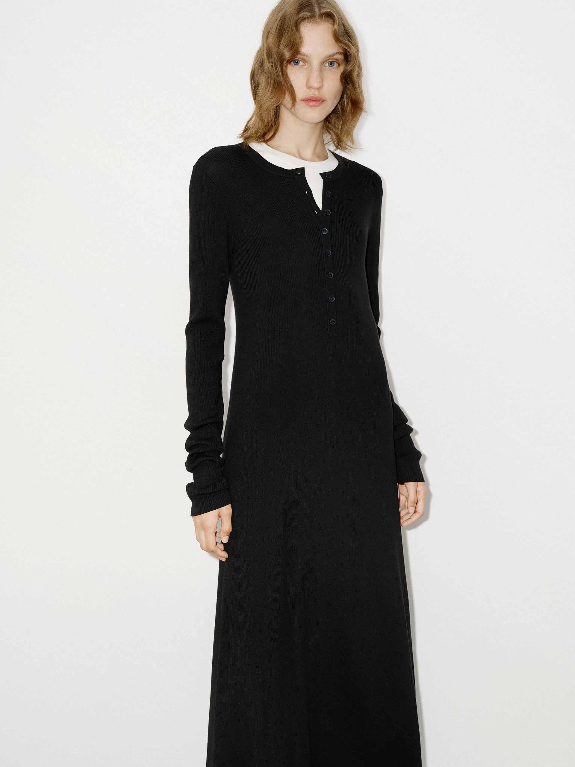 MO&Co. Women's Half Button Long Sleeves Wool Knit Dress in Black