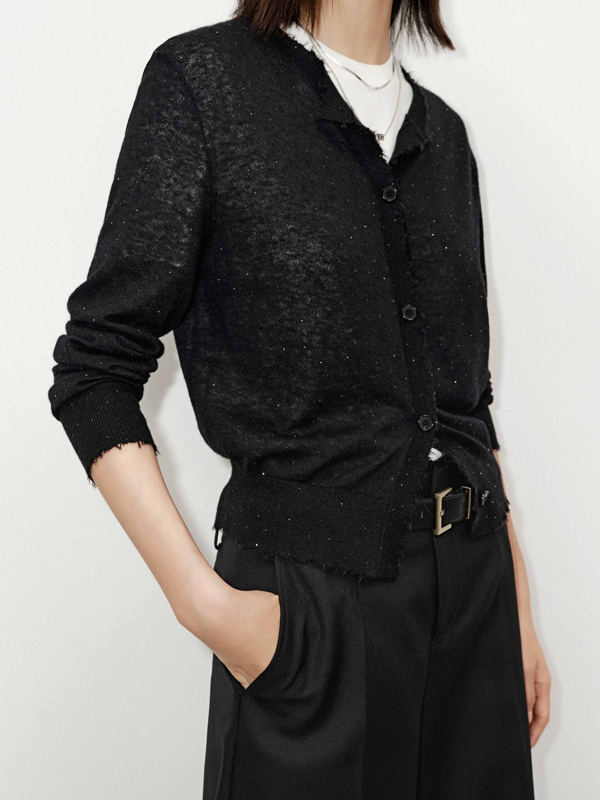 MO&Co. Women's Raw Trim Detail Alpaca fleece and Wool Blend Knit Cardigan in Black with Rhinestone Details