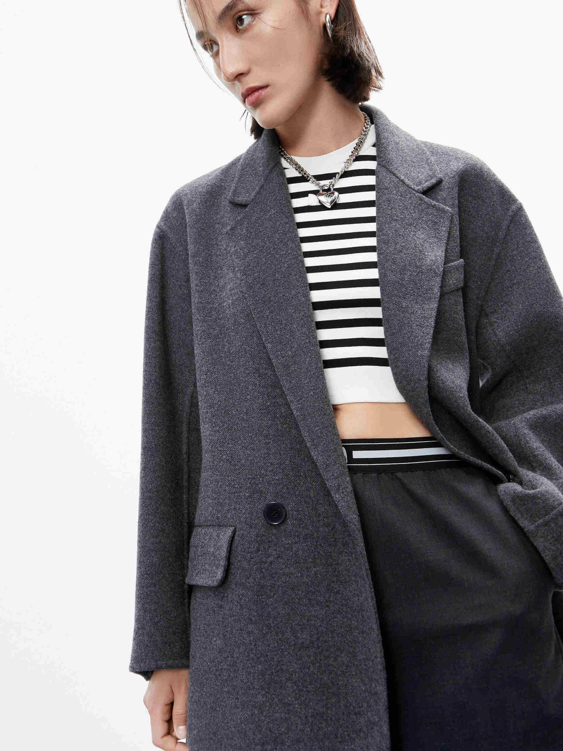 MO&Co. Women's Grey Wool Structured Blazer Coat with Belt Autumn