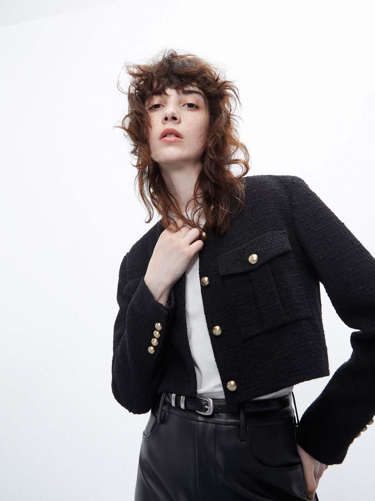 MO&Co. Women's Black Boxy Fit Pocket Jacket Collarless Coat