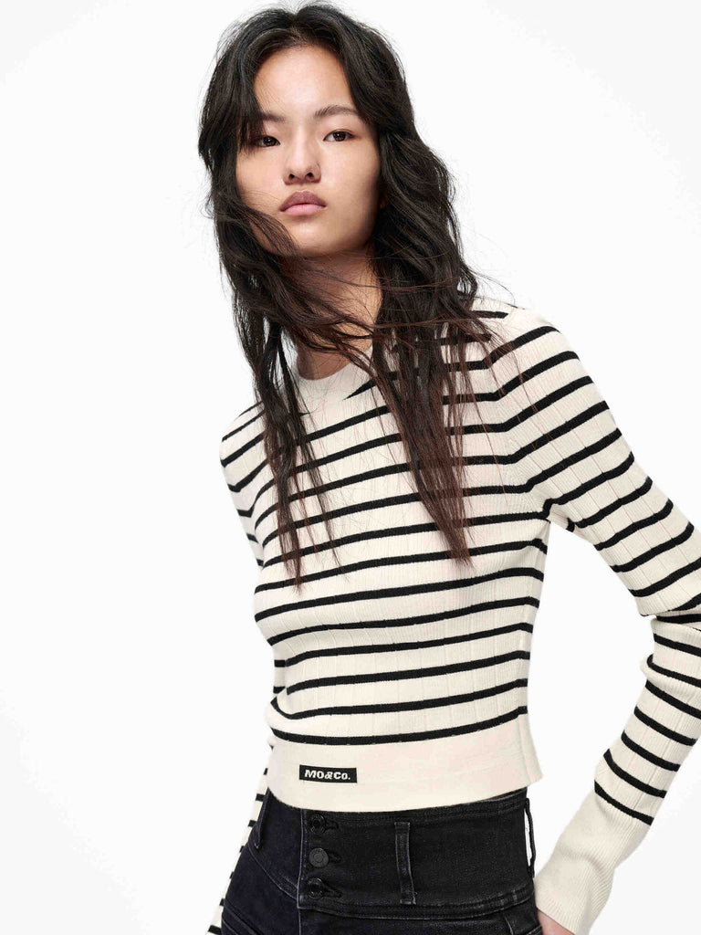 MO&Co. Women's Cropped Tight Fit Striped Rib Knit Top Long Sleeves in Black and White