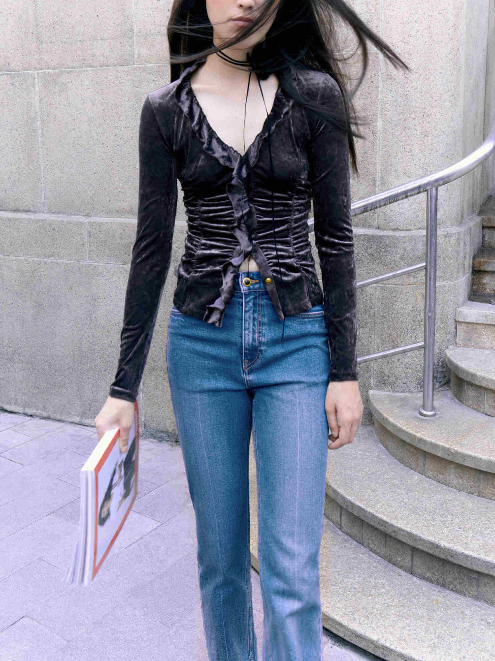 MO&Co. Women's V Neck Long Sleeve Slim Ruffle Velvet Top in Brown